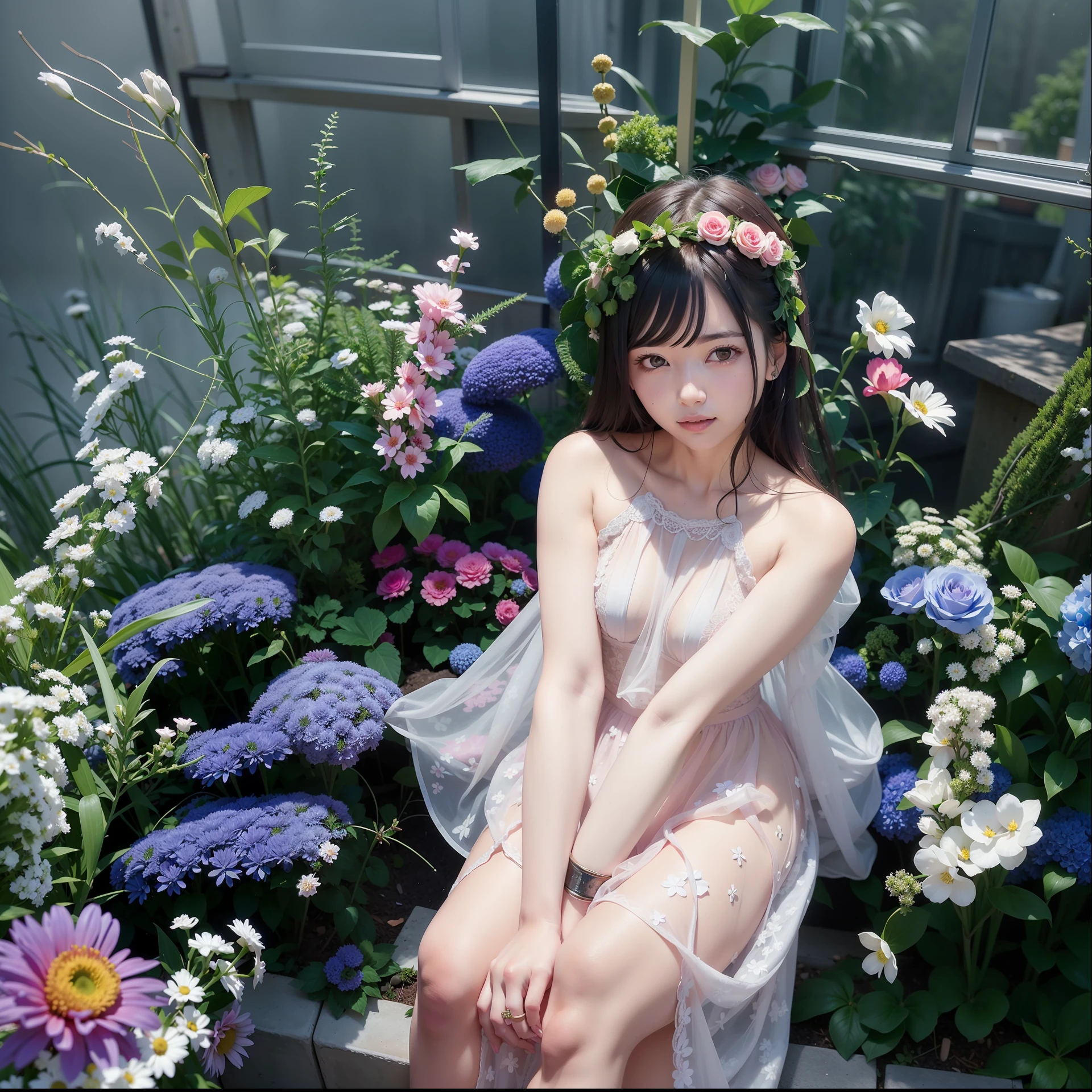 there is a woman sitting in a flower bed with a pink dress, with flowers, sakimichan, with frozen flowers around her, girl in flowers, sitting with flowers, wearing pink floral gown, in garden, 8k)), beutifull, dang my linh, sha xi, picture, very very low quality picture, queen of flowers
