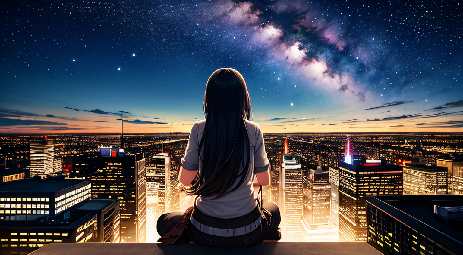 octane, sky, star (sky), landscape, starry sky, night, only child, night sky, solo, outdoor, signature, building, clouds, milky way, sitting, tree, long hair, city, silhouette, cityscape