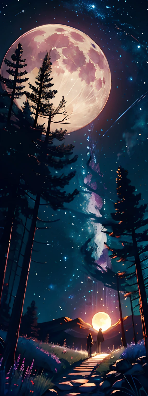 Expansive landscape photograph, (view from below with a view of the sky and the wilderness below), girl standing in a flower field looking up, (full moon: 1.2), (shooting star: 0.9), (nebula: 1.3), distant mountain, tree break production art, (warm light source: 1.2), (firefly: 1.2), lamp, purple and orange, intricate detail, volume lighting BREAK (masterpiece: 1.2), (highest quality ), 4k, ultra-detailed, (dynamic configuration: 1.4), highly detailed and colorful details (iridescent: 1.2), (sparkling lighting, atmospheric lighting), dreamy, magical, (solo: 1.2)