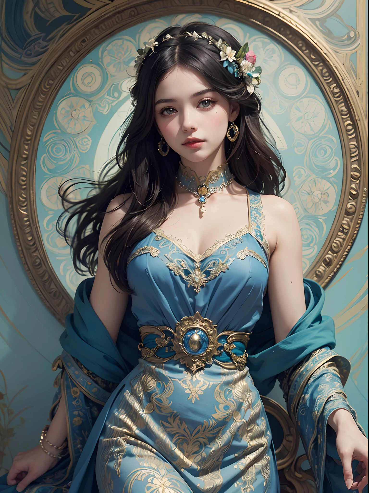 Unbeatable masterpiece, Ultra photo realsisim, Perfect artwork, Intricate details, Best quality, Strong light,High contrast,Stylish beautiful girl with long hair , lookingat viewer , upperbody shot , wearing , (Kleinblue dress) , detailed (mixed pattern , textand emoji installation) , supremacist style ,charming character illustration , folklore ,(style of Alfons Mucha:1.1)