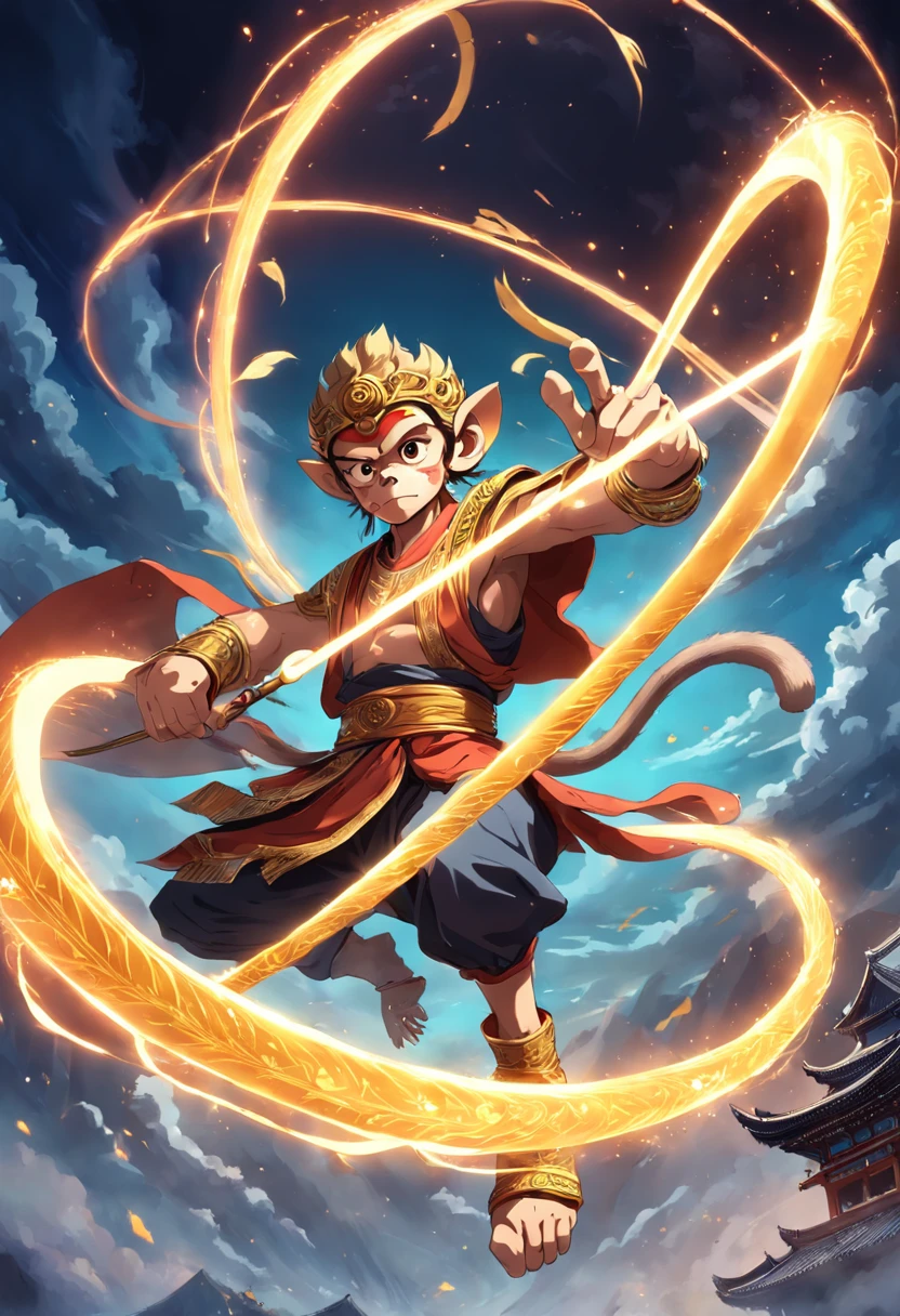 Monkey King with a ruyi golden hoop rod flying in the sky