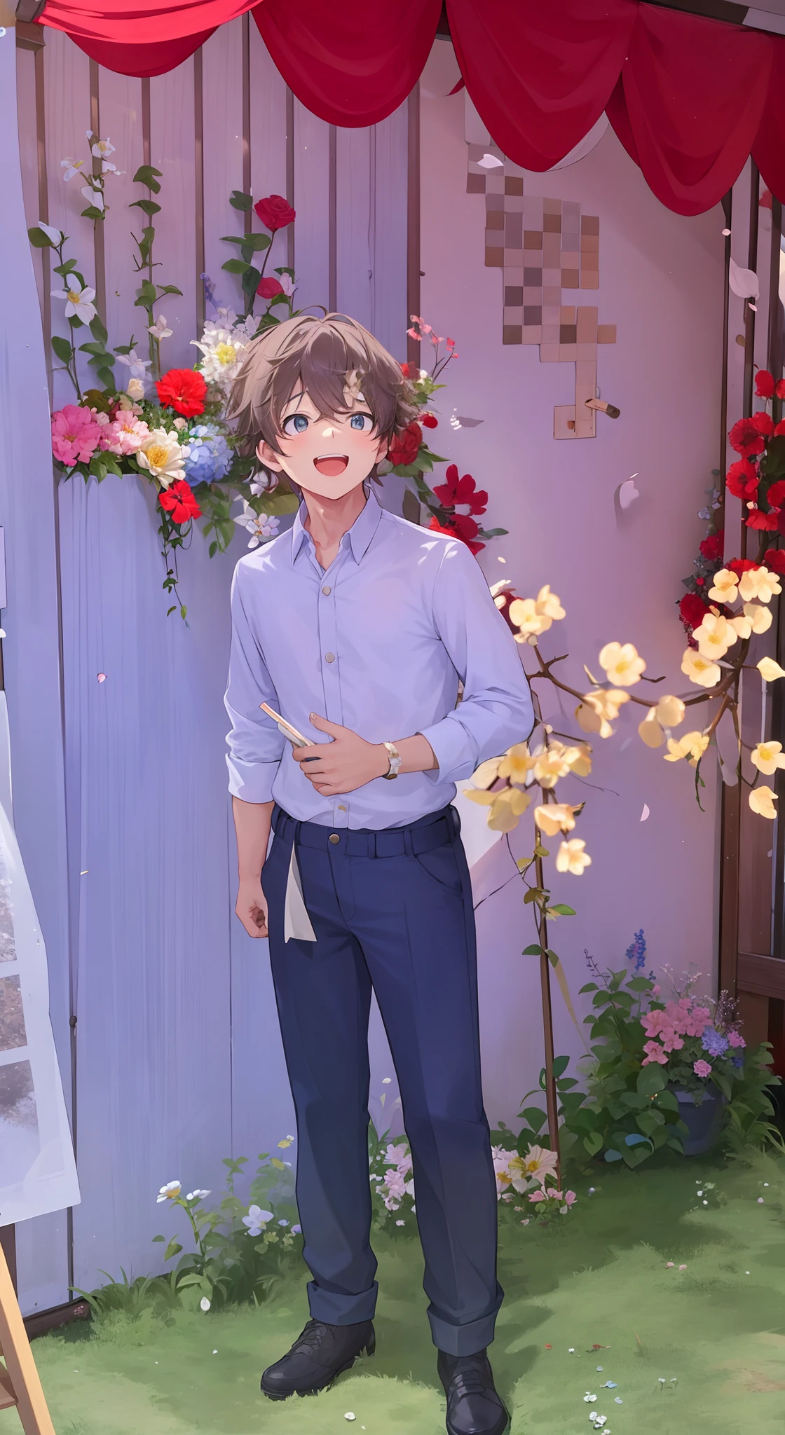A cute boy wearing a white shirt and flowers