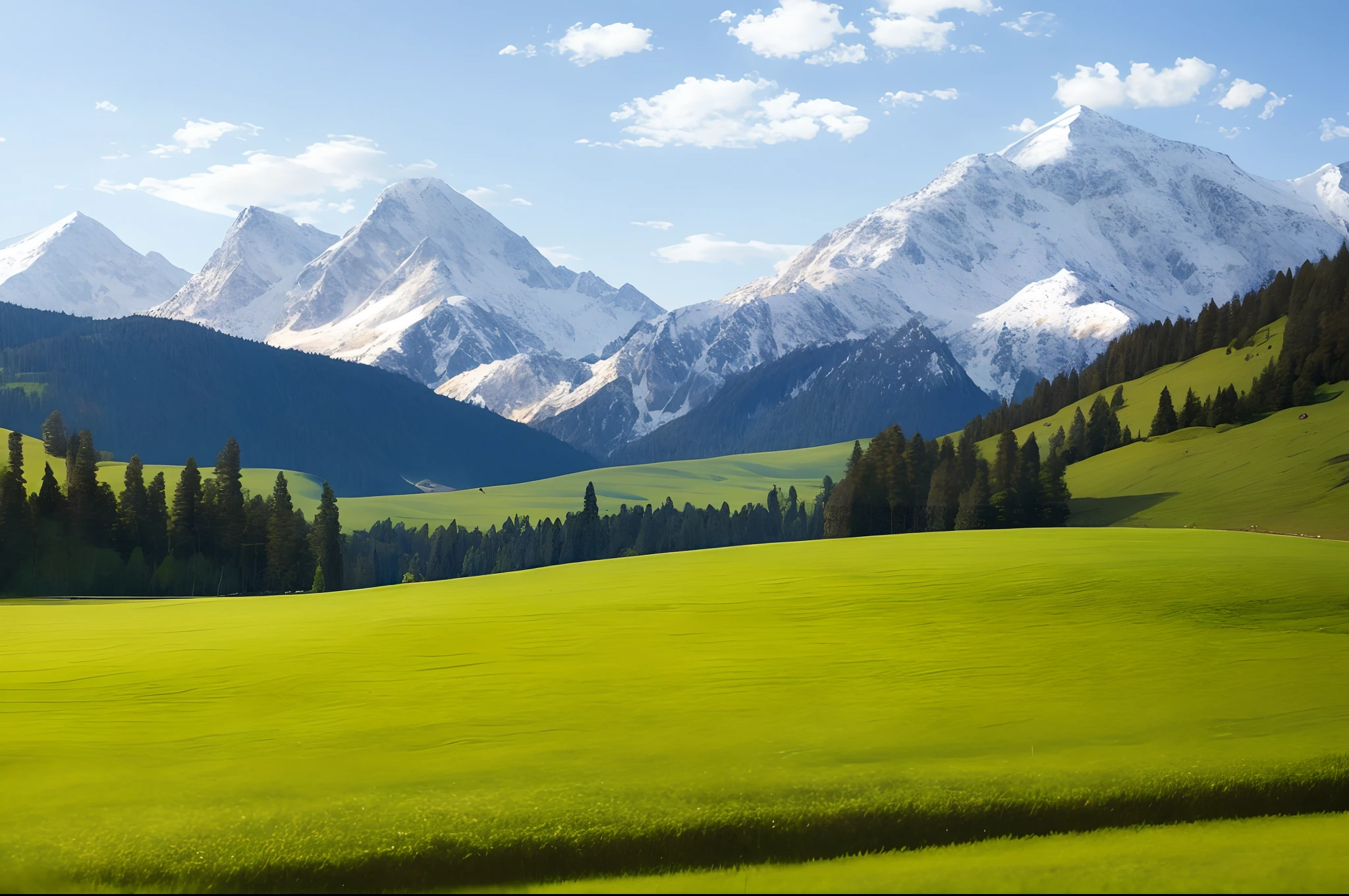snow mountains，grass field