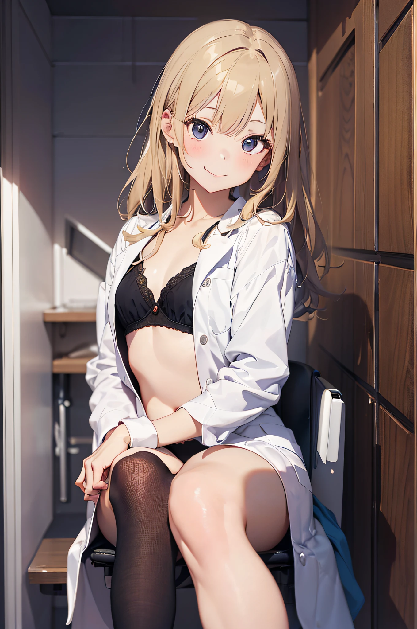 （Naughty Female Doctor:1.3）、(The examination room of the future:1.5)、(tiny chest:1.4)、Blonde hairer、Raw photography, top-quality, hight resolution, (​masterpiece), (Photorealsitic:1.4), Anime Cosplay, foco nítido, nffsw, 8K分辨率, intricate detailes, depth of fields, the Extremely Detailed CG Unity 8K Wallpapers, front lit, girl with, Smile、(A slender:1.5)、（Wearing a lab coat over black underwear:1.4）、Sitting in a chair and doing office work