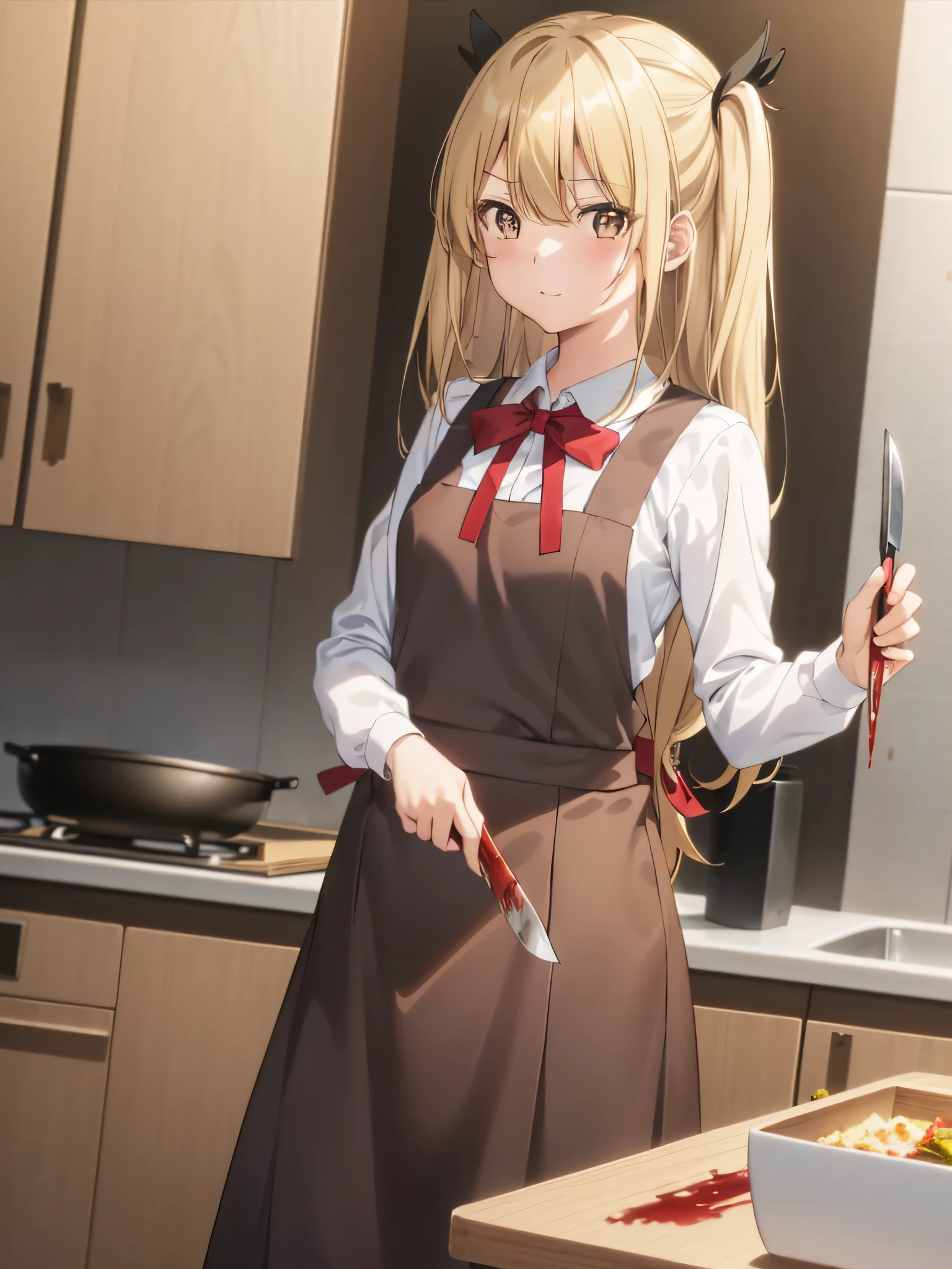 (masutepiece, Best Quality), Anime coloring, Anime_screen cap, Erna, 1girl in, Solo, Looking at Viewer, Shirt, Long sleeves, Dress, Bow, bow ribbon, Twin-tailed, Closed mouth,  pinafore、Cooking、Cooking for girls、Holding a kitchen knife、Blood splashes fly、Killer、Spy、Hair Ribbon, White shirt, Sleeveless, Collared shirt, bowtie, Red bow, two side up, a black ribbon, Sleeveless dress, foot out of frame, deadpan, eyes visible through hair, red bowtie, pinafore dress, brown robes、