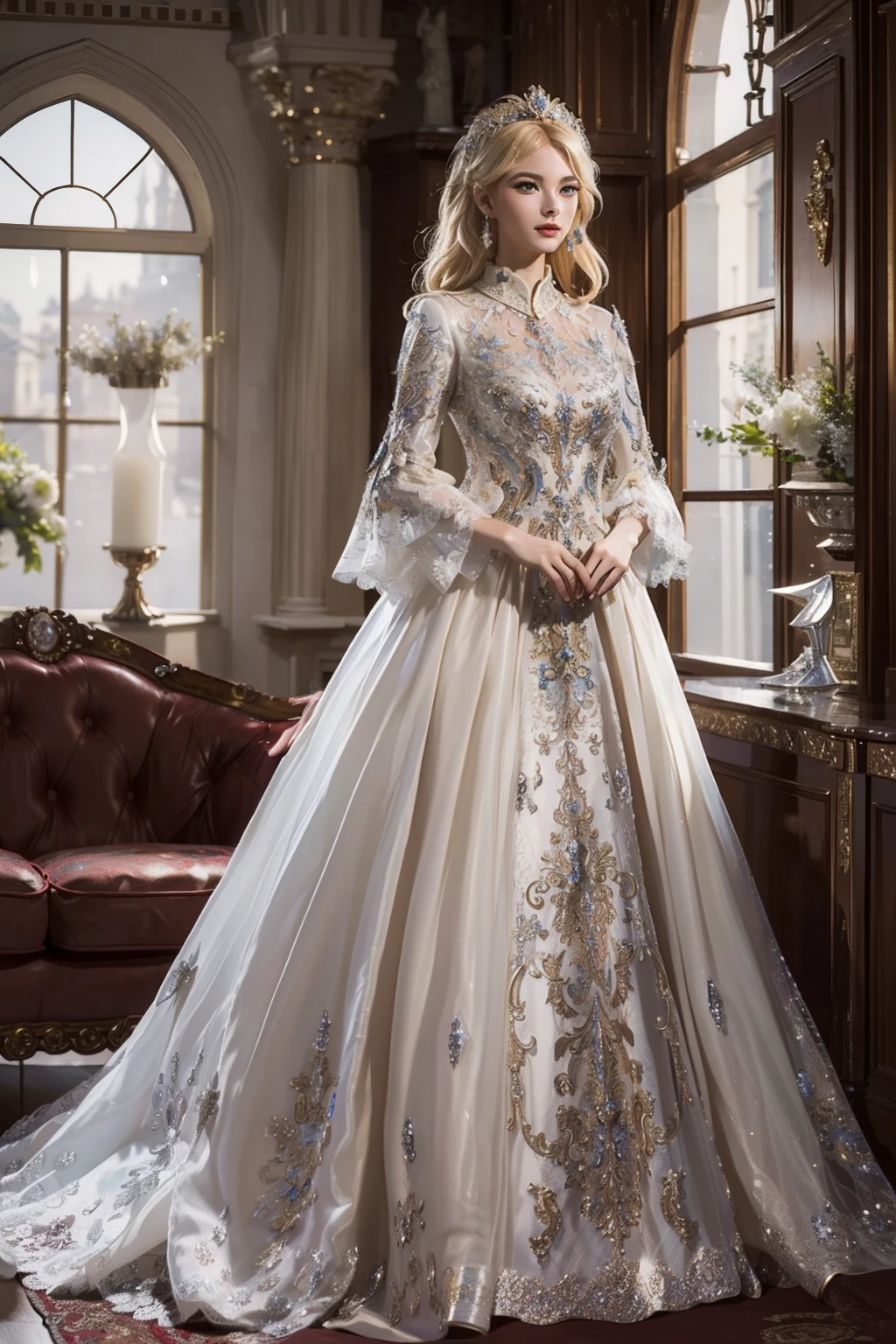 ((top-quality、​masterpiece、photographrealistic:1.4、in 8K))、Beautuful Women、18year old、Beautiful expression、a blond、extremely detailed eye and face、beatiful detailed eyes、Formal Gloves、（Luxury dress printed with gorgeous red la in medieval European style、Headdress in the style of medieval Europe)、Luxury accessories、（Luxurious bedroom in a European-style castle）、Glass shoes、Cinematic lighting、Textured skin、Super Detail、high detailing、High quality、hight resolution、Looking at Viewer、Elegant smile、Full body、europian