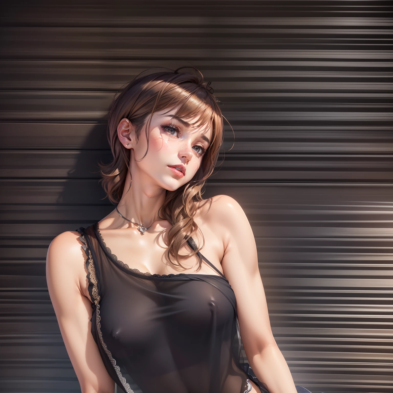 (dynamic lighting), (highly detailed cg), (highly detailed skin), (very high resolution), (toned body), (photorealistic), (high-res), (8k), (shiny oily skin), collarbone, hipbone, hmanis, short hair, ahoge, exposed breasts, short shorts, blushing, looking to the side, embarrassed, (see through camisole), (nipples), (kawaii), nsfw