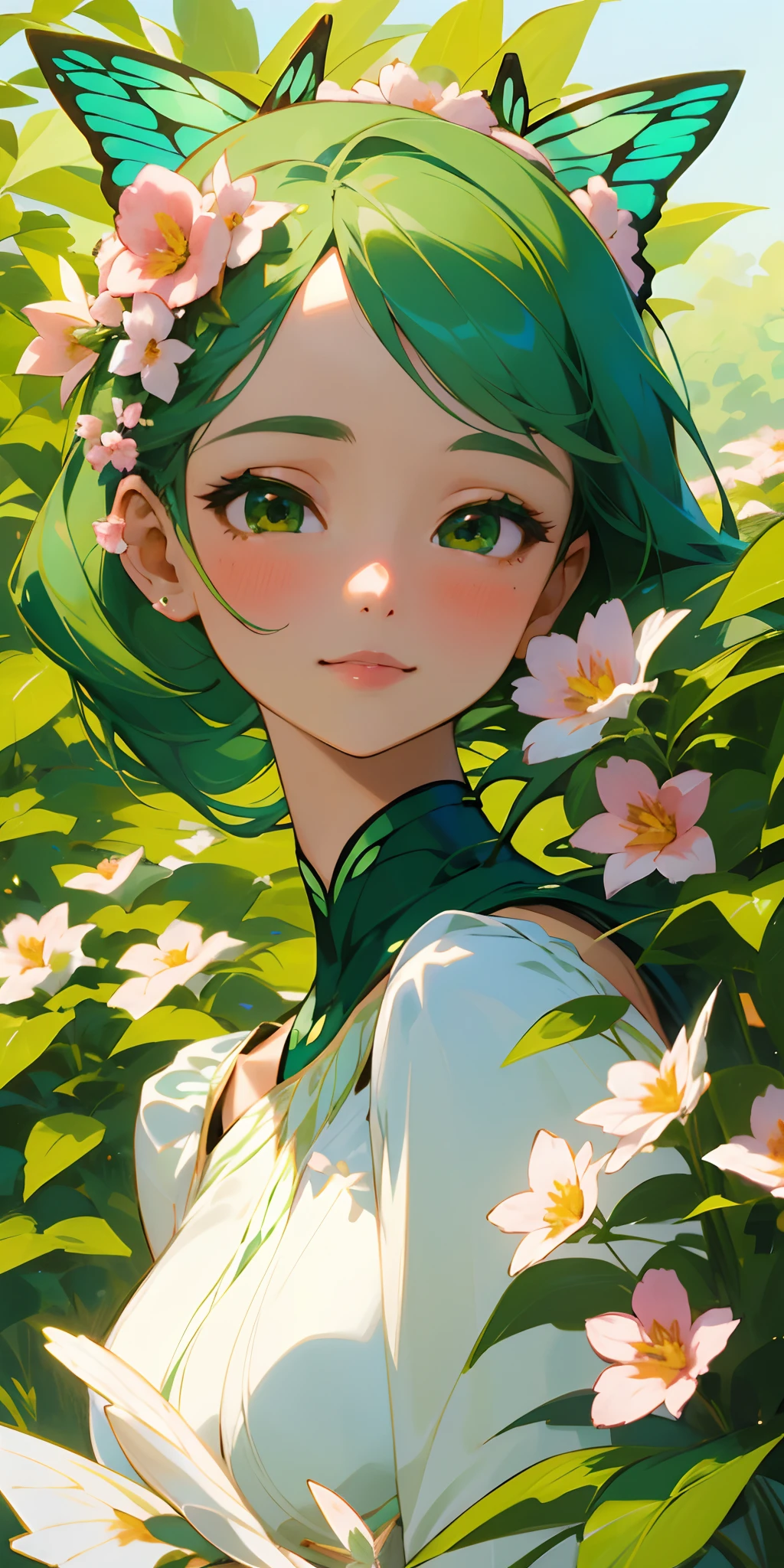 (Best quality, masterpiece, hyper-realism), 1 beautiful and delicate portrait of a girl with a soft and peaceful expression, background scenery with garden with flowers and butterflies flying around, green hair, beautiful smile, butterfly, red beautiful flowers