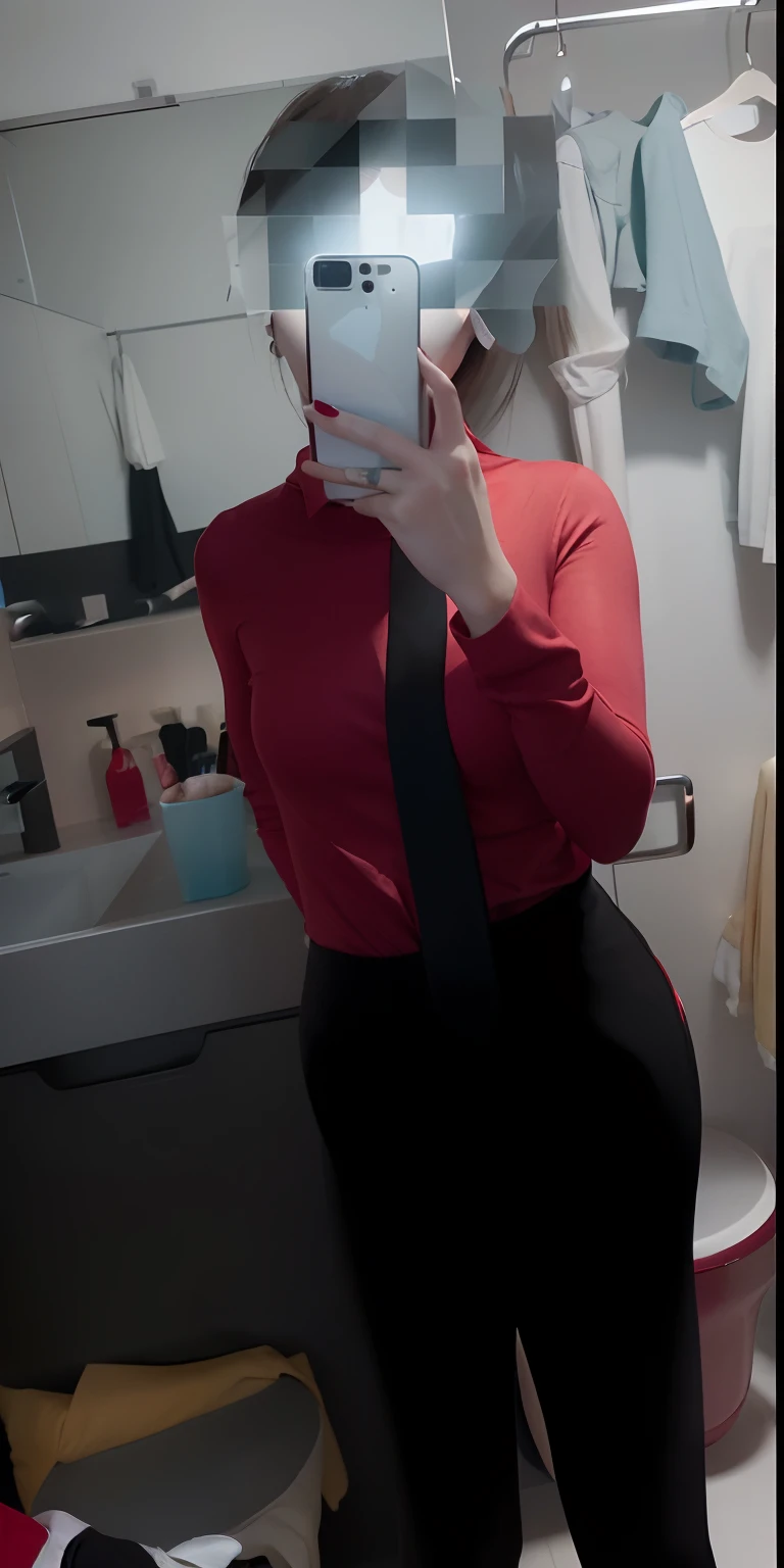 there is a woman taking a selfie in the bathroom mirror,  red lips flowing with long hair in red clothes,  Turn around and walk，Melon seed face，Cherry small mouth，thick eyebrow，Just like a willow tree shaking flowers and running with a smile, Chu Yan is elegant and vulgar，There is a light spirit of its own，Delicate skin、The demeanor is laid-back、Beautiful eyes are looking forward to it、Peach smiled、Without uttering words、Breathless，Indescribably gentle and lovely。Red shirt, Red clothes, Red Uniform, Red tie, hip skirts，Red formal wear，Front and rear bulge, wearing red clothes, red and black suit, Red suit, red and black costume!!!, Red and black color, wearing red attire,  red and black uniforms