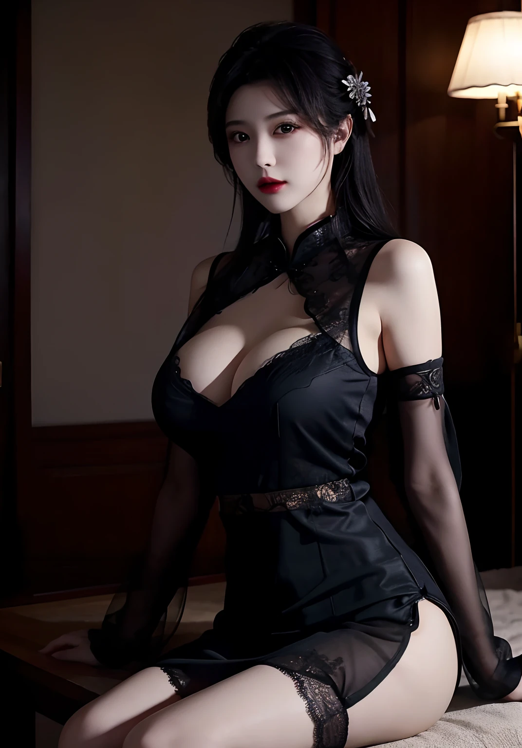 huge tit，Black Floral Tulle Cheongsam，black lace stockings。