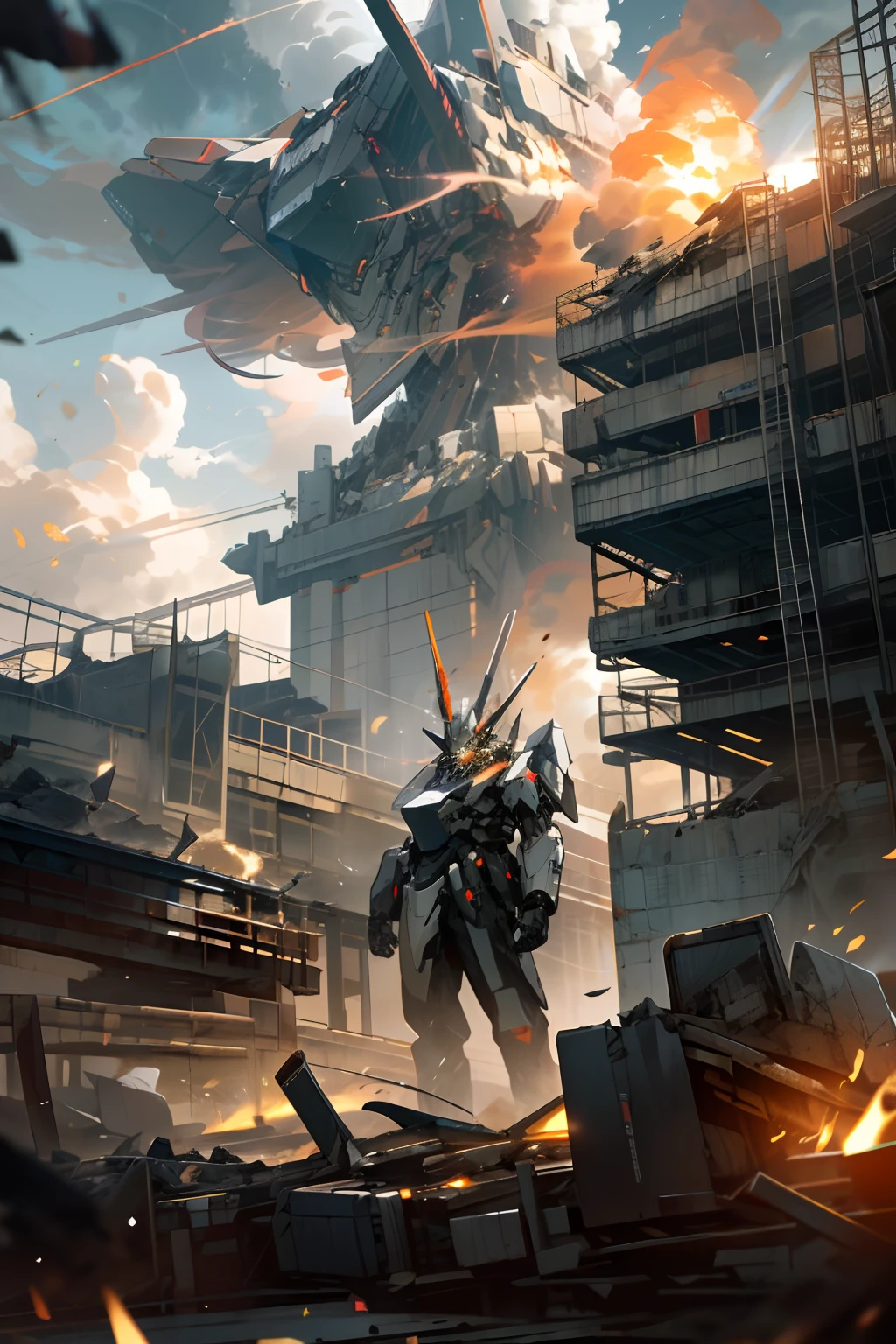 Skysky,clouds,Holding_arma,with light glowing,The wreckage of the robot,firey,smoke of gunpowder,buliding,collapse,Glowing_Eyes,Mecha,scientific fiction,The end of the world,城市,Realistis,Mecha