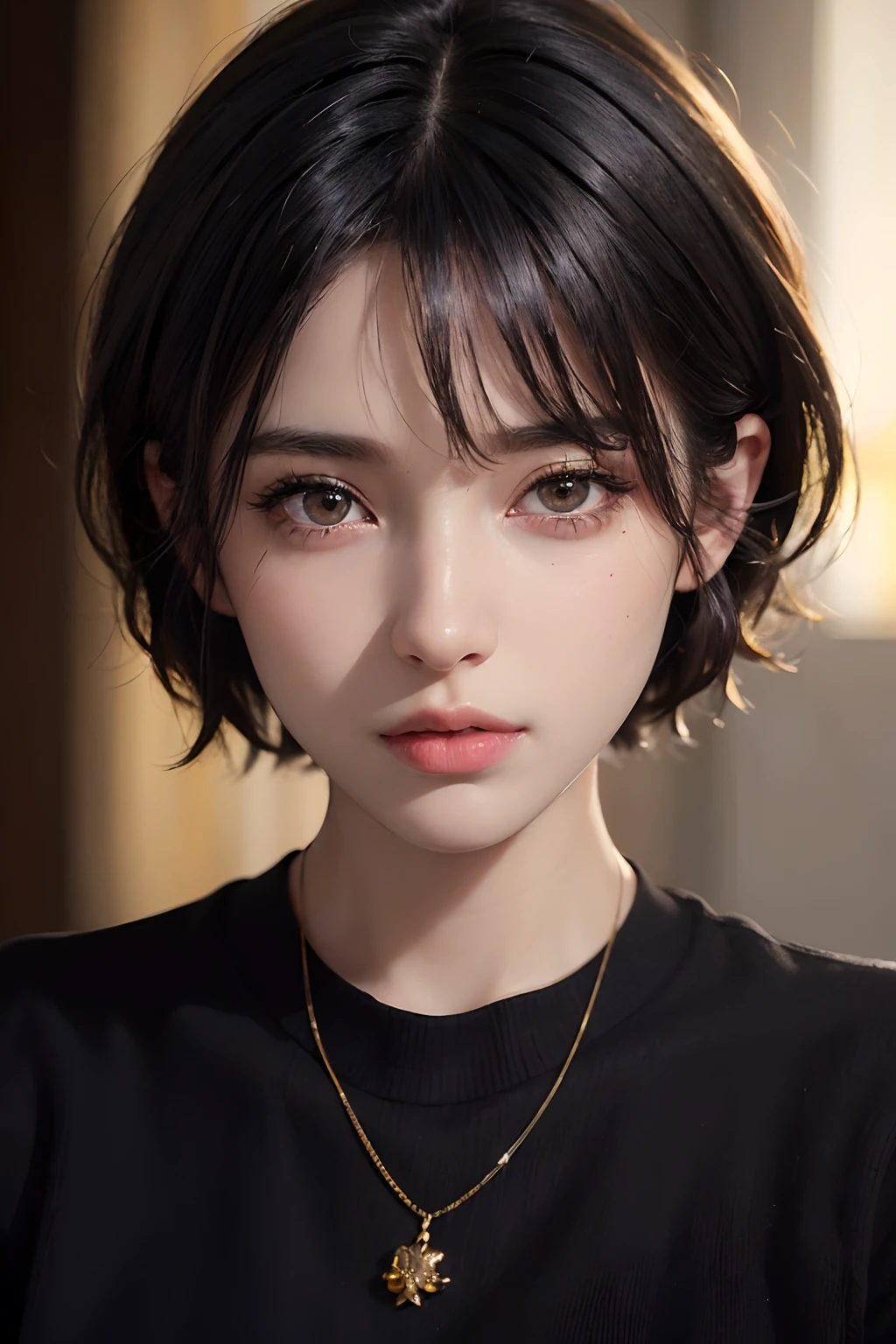 (masterpiece:1.3), (8k, photorealistic, RAW photo, best quality: 1.4), (1girl), beautiful face, (realistic face), (black hair, short hair:1.3), beautiful hairstyle, realistic eyes, beautiful detailed eyes, (realistic skin), beautiful skin, (sweater), absurdres, attractive, ultra high res, ultra realistic, highly detailed, golden ratio