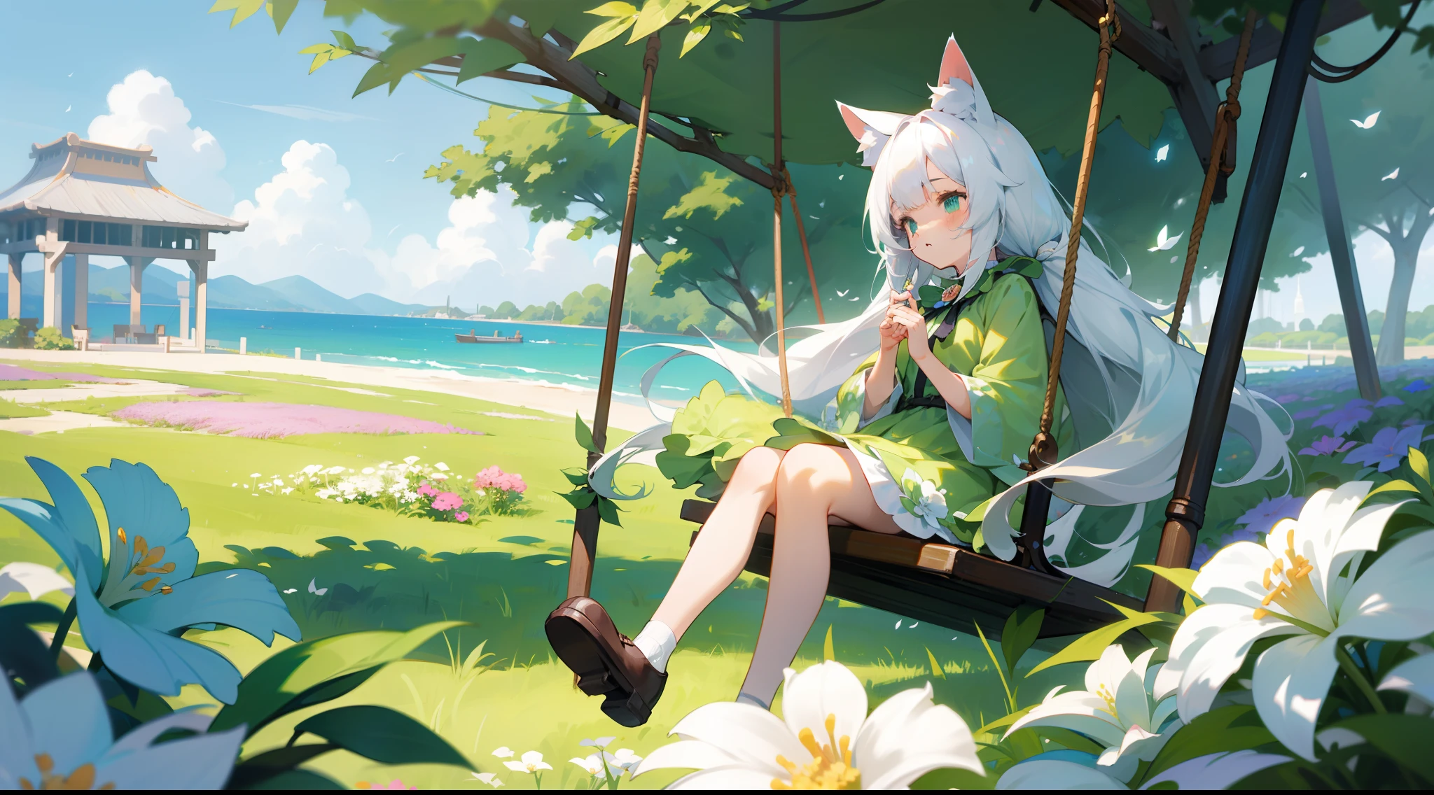 White-haired girl，green pupills，Side photo，The background is a sea of flowers，There are swings，There is wind，hair flowing，There is a cat behind the cat's ears