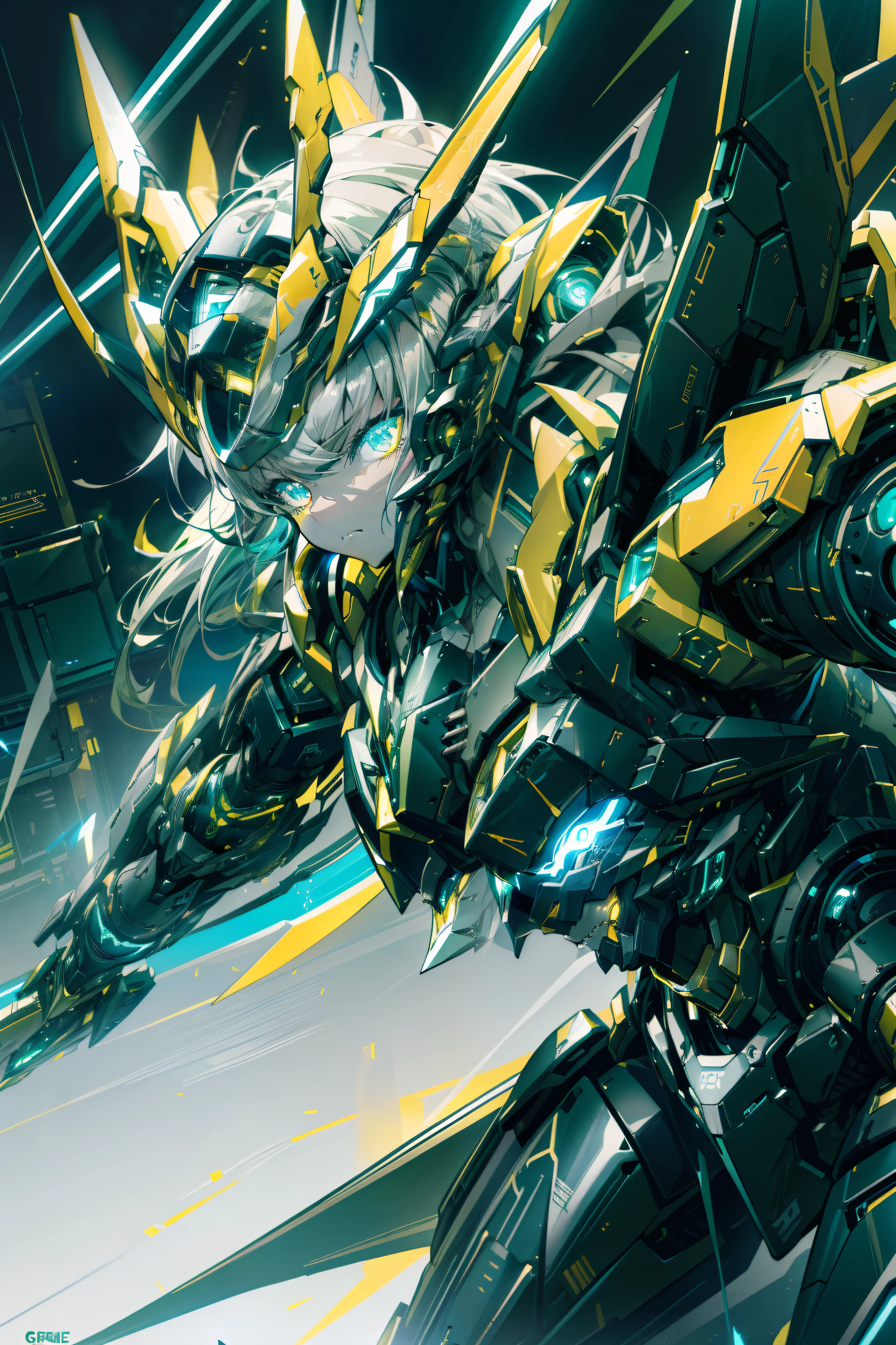 masterpiece、Near future、super elaborate、top-quality、ultra-detailliert、very detailed illustration、ighly detailed、intricate-detail、hight resolution、super complex details、Highly detailed 8k CG wallpapers、Caustics、Reflectors、Ray traching、1girl in:1.4)、独奏、Alone、(Blue_theme:1.3)、(greys_theme:1.3)、(mecha musume(Green grass_theme:1.5)、mecha musume(amarelo_theme:1.5)、mecha musume、machine components、Robot Joint、echanical arms、mechanical legs、head gear、Complex mechanical bodysuit、Mechanical Energy Wing、Electromechanical parts、Cyber Parts、robotics、Energy Rifle(Mechanical sniper rifle)、)、(robe)、Very long hair、Black and blue hair(Black and blue)、 The eye((blue eyess、Yellow eyes、)(radiant eyes、)(Eye trajectory、))random facial expression、TOKYOcty(Shibuya)、城市、Night time、((Neon light、Blue Neon Light))、(细致背景、(Blue_theme:1.3)、(greys_theme:1.3)、城市、Building Street)、((masterpiece))、absurderes、nffsw、(Classic Headshot Pose)、cyberpunkcity、masterpiece、hight resolution、