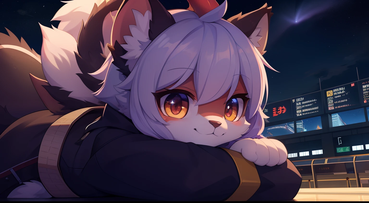 Furry Fur，Furry dragon，Lovely image，drak，Cute furry dragon，Prepare for boarding，Terminal, , Fluffy tail，At the city high airport，full of lights，Cubs，is in night，nigh sky, 夏天，stars，Close-up of cute characters