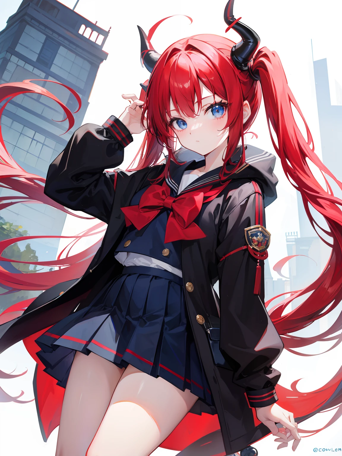 red hair, blue eyes, twintails, Sailor suit,black coat, Pleated skirt,solo,li,cute,bow,Dragon horns
