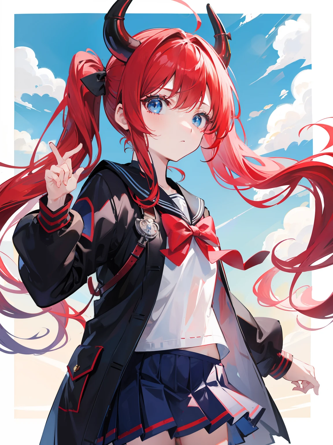 red hair, blue eyes, twintails, Sailor suit,black coat, Pleated skirt,solo,loli,cute,bow,Dragon horns