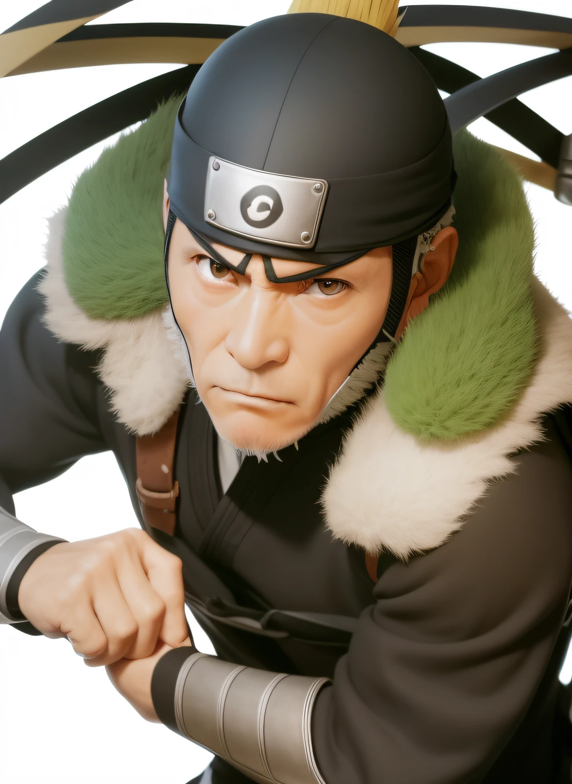 Sarutobi is a character in the Naruto anime. An old man wearing a Konoha headband and a helmet decorated with iron armor plates, has 3 lines under his eyes, there is a white beard. exudes a sense of wisdom and authority as the esteemed Third Hokage from the Naruto Anime.