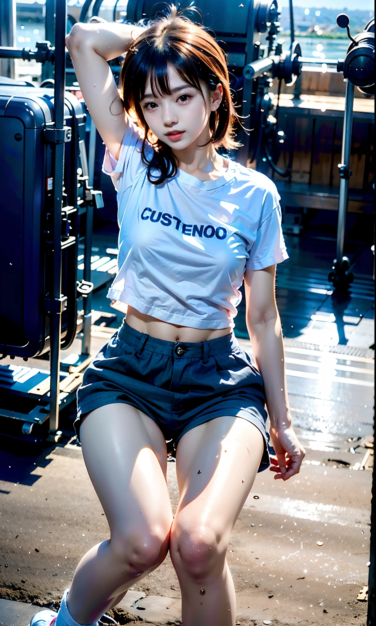 8K,Woman in white t-shirt、 Full-body photographs、Raising legs、trending on r/Street attire, Narrative, T-shirt, small tits、In a white T-shirt, 2 0 2 0 fashion, casual clothing style, posh, Wearing a white T-shirt, Fear of God's Style, ふしだらな, shortpants、wearing t-shirts,