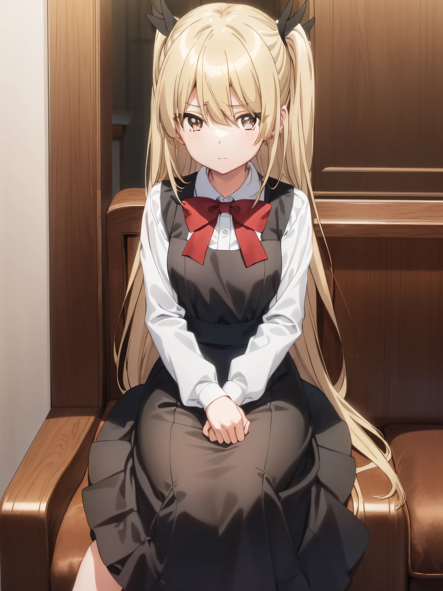 (masutepiece, Best Quality), Anime coloring, Anime_screen cap, Erna, 1girl in, Solo, Looking at Viewer, Shirt, Long sleeves, Dress, Bow, bow ribbon, Twin-tailed, Closed mouth, sit a chair, Hair Ribbon, White shirt, Sleeveless, Collared shirt, bowtie, Red bow, two side up, a black ribbon, Sleeveless dress, foot out of frame, deadpan, eyes visible through hair, red bowtie, pinafore dress, brown robes、Maids、cafes、Sofa in a coffee shop