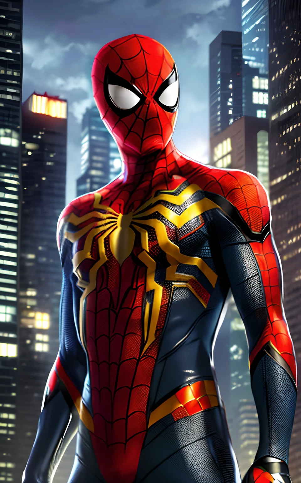 Spider - Homem de terno fica em frente a um horizonte da cidade, hero pose colorful city lighting, Retrato do Homem-Aranha, Aranha altamente detalhada - Man, papel de parede 4K, papel de parede 4k, hq 4k papel de parede, Estilo futurista Homem-Aranha, Pedro Parker, Homem-Aranha, aranha - homem, super detailed rendering, paper awesome wallpaper, foto de retrato, Peter Parker como Homem-Aranha