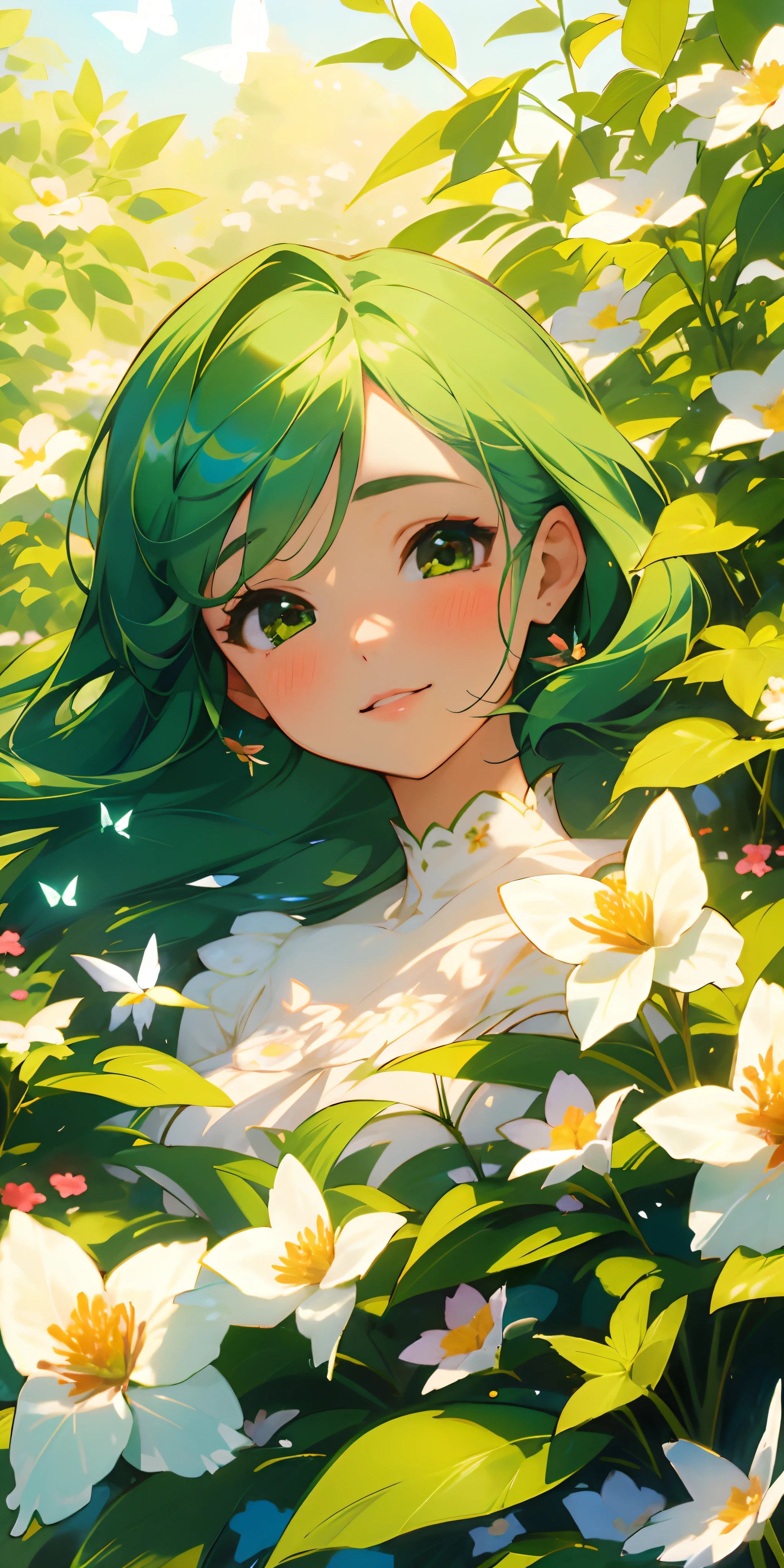 (Best quality, masterpiece, hyper-realism), 1 beautiful and delicate portrait of a girl with a soft and peaceful expression, background scenery with garden with flowers and butterflies flying around, green hair, beautiful smile, butterfly, red beautiful flowers