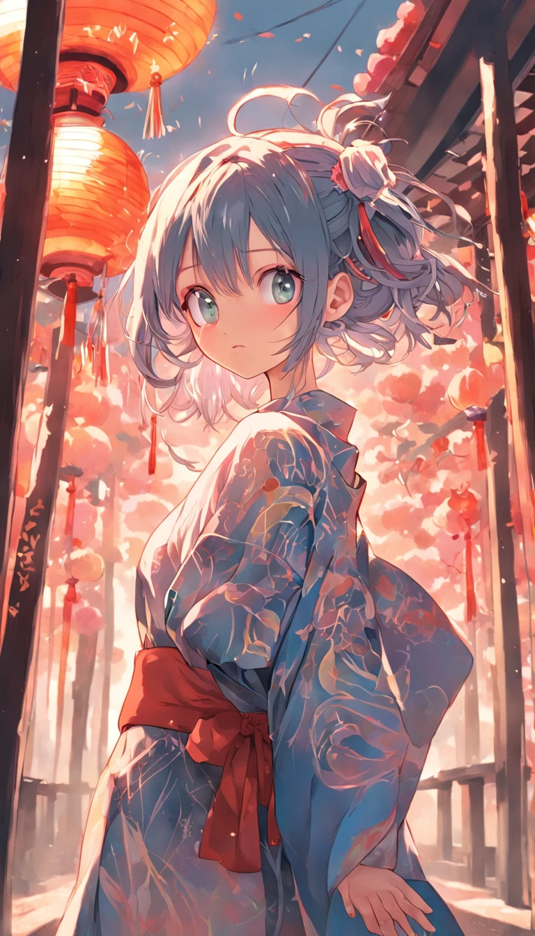 ((Yukata)),eye glass,innocent smiles,ancient city,veranda,wind chime,(1girl in, Solo:1.6),(Best Impact:1.5), (maximalism:1.7),Vivid contrast, (Realistic), hyperrealistic illustrations, hight resolution, ultra-detailliert, absurderes,(Fractal Art:1.3)、Random hairstyle、Random hair color colorful、Iridescent eyes、FULL BODYSHOT、Retro、Precise focus、randome pose、cinema4d、Drama