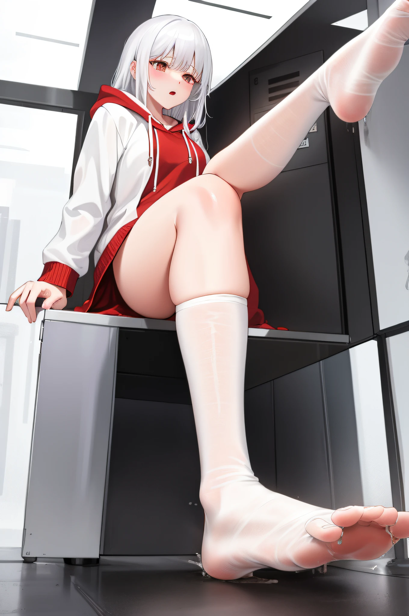 White hair,Red hoodie,lower naked,Viscous white liquid,white stockings,Foot fingers
