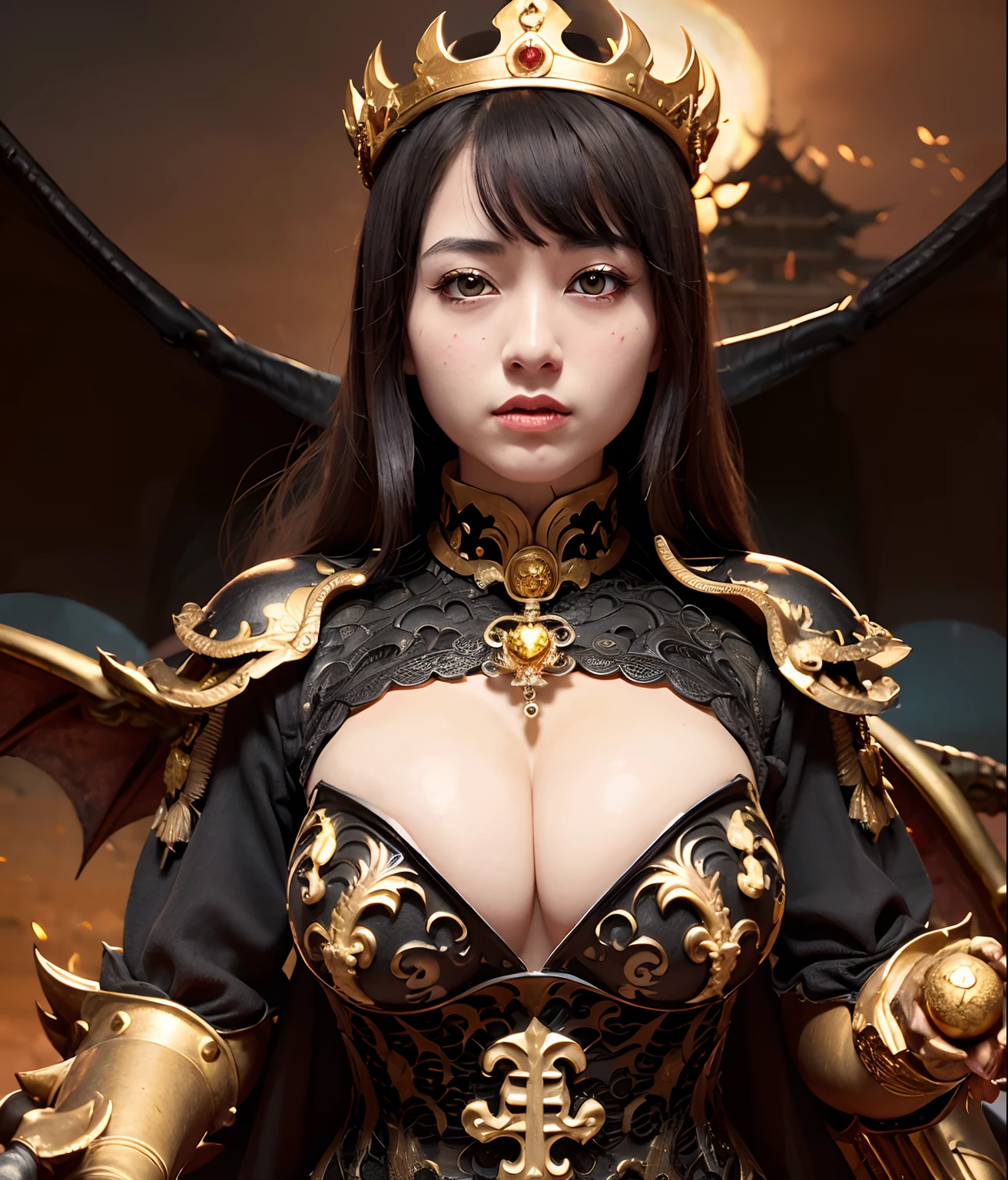 Professional , ​masterpiece、top-quality、photos realistic , depth of fields （Gemstone Black Metal Body:1.９),(Enamel Black、（cleavage of the breast）、（Chinese Dragon）、Dragon Gold Weapon（Dragon Metal Body:1.４),Gorgeous gold weapons ,（（ Dragon's dense and gorgeous sword）） ,  、blood splashing、  ,warhammer 40k , adepta sororitas,Detail and gorgeous crown、（（Brown hair））、（The dragon）、（Castle background）、The dragon、（（Gangle's forest background））、Beautiful Caucasian beauty、（１a person）、dynamic ungle,(((Detailed and ornate Black Devil Crown)))、Smaller head、A smile、Castle background、Thin and beautiful female hands、cleavage of the breast、Mystical expression、Light Effects、Wind-effect、magic circles、With the legendary magic wand、（demonic wings）、Toostock、Look at viewers、
