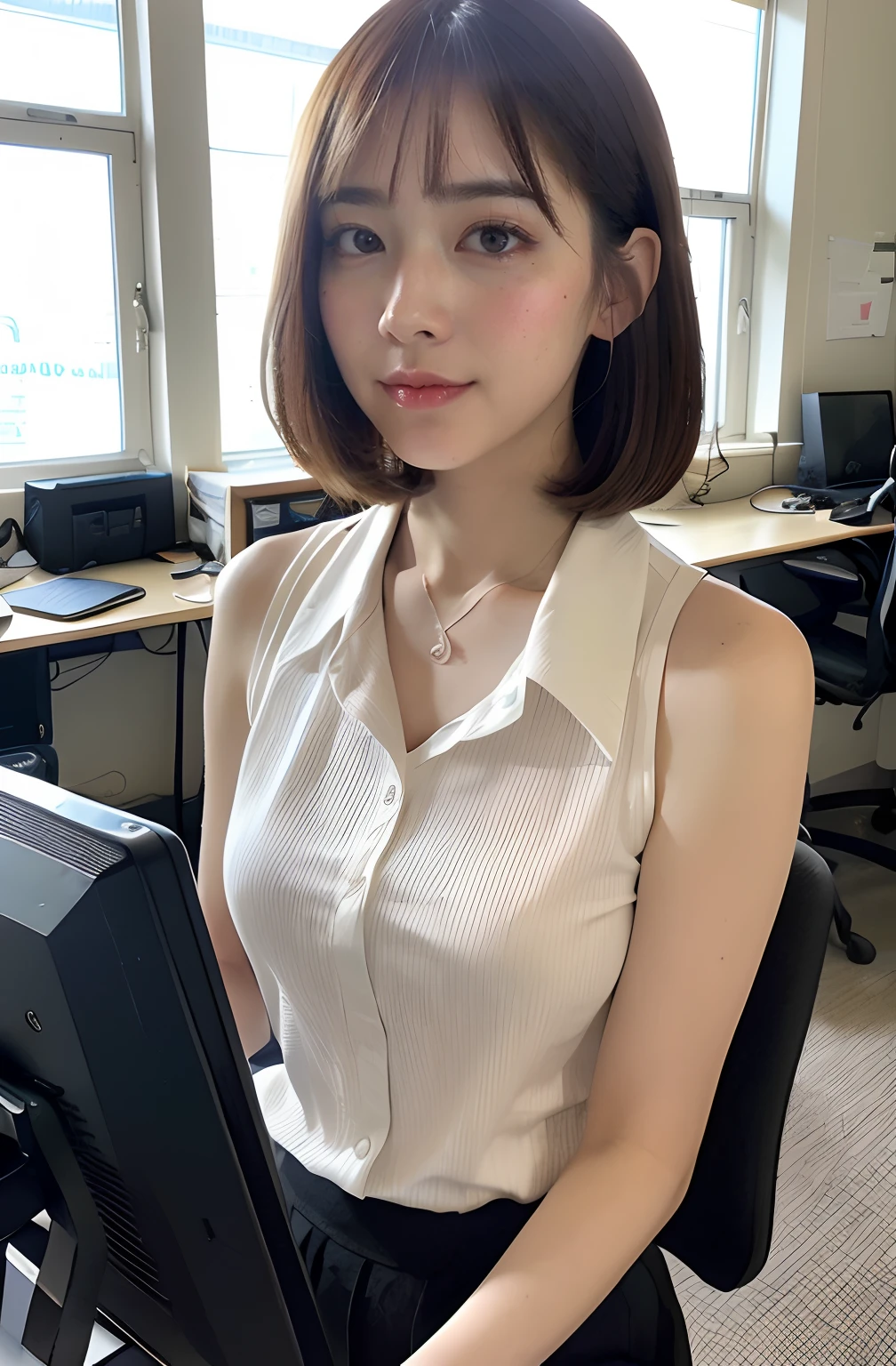 ((8K)、top-quality、​masterpiece、超A high resolution:1.2)Photo Beautiful Japan woman(pleasing:1.1) Elegance、There is a good、Transparent atmosphere、Beautiful face、Gradient lighting、1girl in、Delicate skin、Look into the distance、Brown-eyed、(short hair with bangs:1.2)、(breasts are large:1.0)、(medium areola:0.8)、(realisitic:1.4)、(top-quality:1.0)、(超A high resolution:1.0)、8K、Raw photography、(​masterpiece:0.2)、(pureerosface）、Plain Pattern Tie Back Workwear Holter Top、halterneck、Tieback、Blouse、Sleeveless、The shirt、Tight silhouette、blanche、Take your eyes off、s Office、There are many computers lined up、Lots of desks、Large office、Hang your employee ID card from your neck、Having a file、deep in the night、Ass big、Kinda chubby、Bangs shed to the side、organize your hairstyle well、Put your ears out、Hold a file in your hand、Slim Fit、