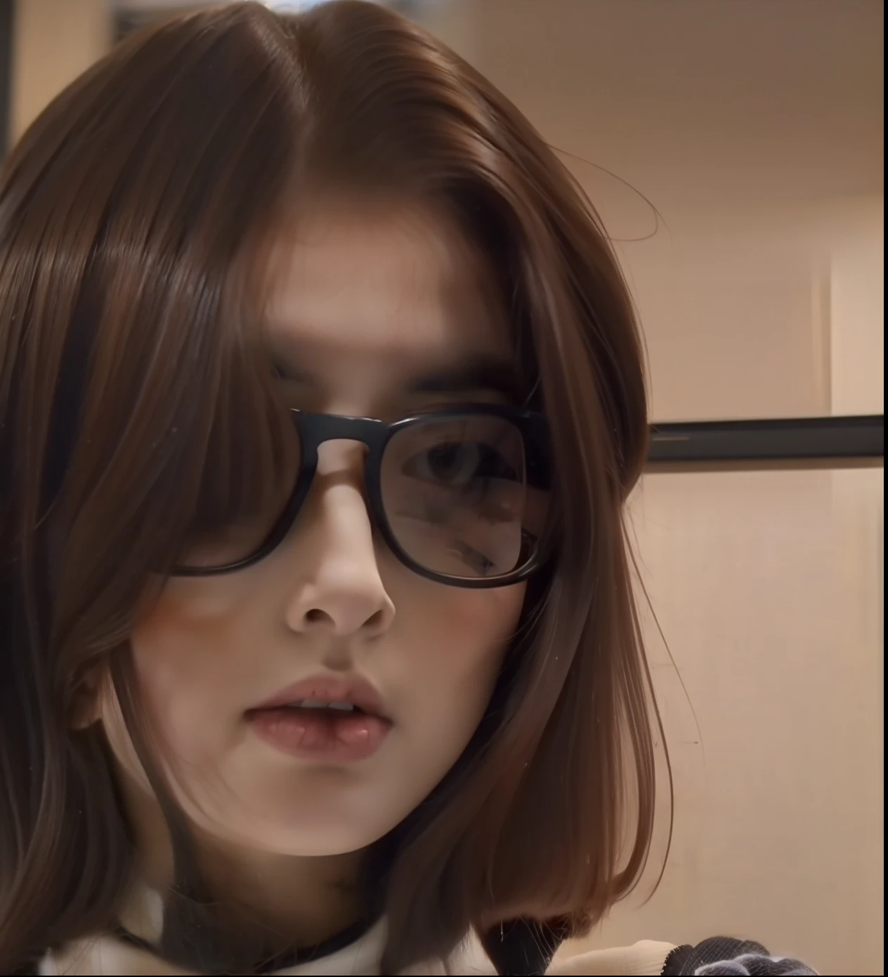 brunette color hair，Black pupils，Black glasses，teens girl