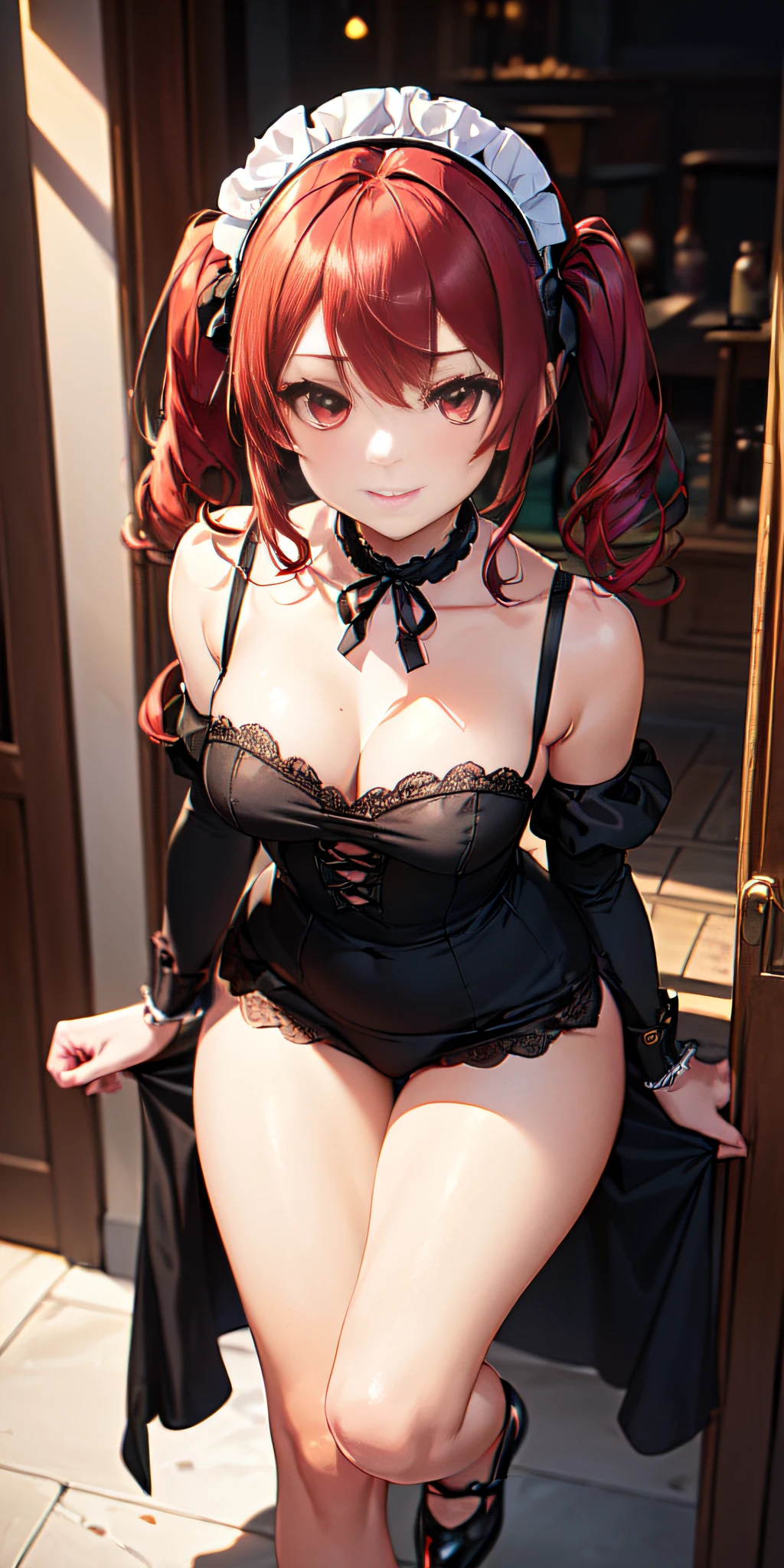 (((Filled anime,Two-dimensional illustration, (red hair with half twin tail), (3/4 eyes), a smile, an 18-year-old girl, cute symmetrical face, black cat ears, red eyes, (Clothes with ruffles, Black lace clothing), Inside Color Green, A girl, full body, A masterpiece of 2D art, (masterpiece,Top image quality:1.3),(Details:1.2),(1 girl in), Totally black maid clothes, dark night)))