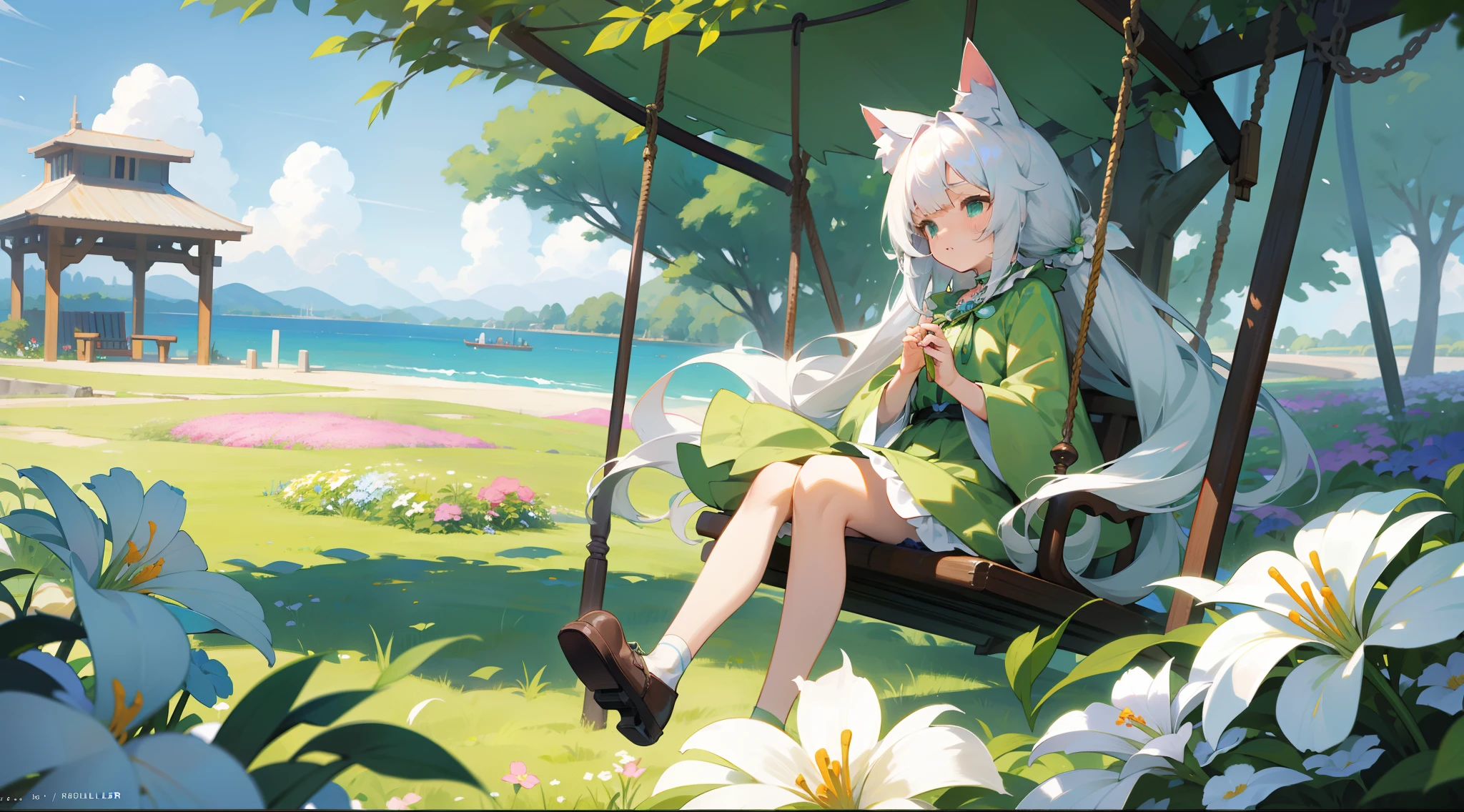 White-haired girl,green pupills,Side photo,The background is a sea of flowers,There are swings,There is wind,hair flowing,There is a cat behind the cat's ear