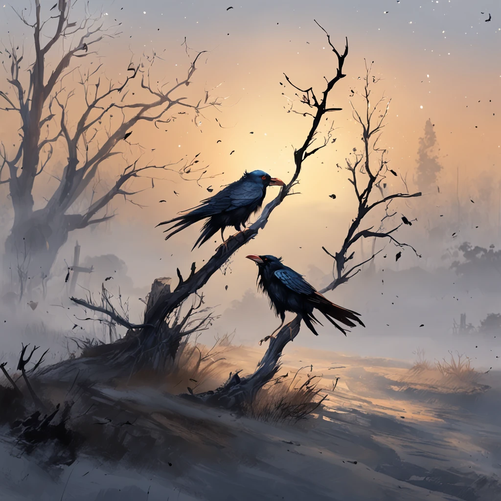 Two crows on a dead tree, A shadow shaped like a walker, Starry night, Thick fog on the ground, Blue light on the horizon, Unreal Engine 5, Cinematic, low angle photography, Motion blur, Depth of field, Dust, Cobblestones and dirt. Splash Art, dripping paint. Perfect color grading. Influenced by Karel Appel and Jeremy Mann, Full of dramatic and threatening scenes, Hyper-detailed, Beautiful, insanely details, Intricate details, editorial photography, shot with a 50mm lens, Depth of field, Tilt Blur, Shutter speed 1/1000, f/22. Lightmaps, Super bright
