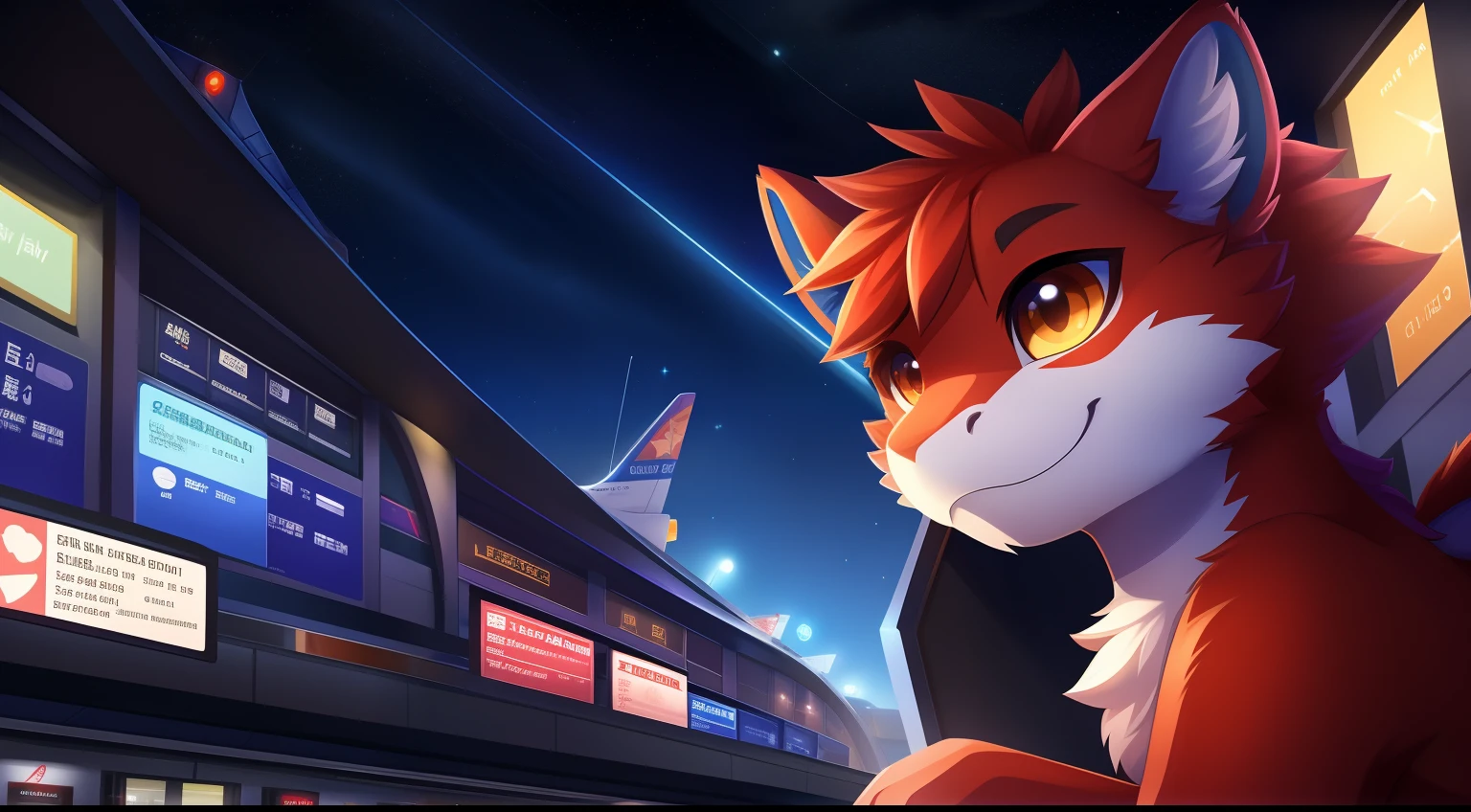 Furry Fur，Furry dragon，Lovely image，drak，Cute furry dragon，Prepare for boarding，Terminal, , Fluffy tail，At the city high airport，full of lights，Cubs，is in night，nigh sky, 夏天，stars，Close-up of cute characters