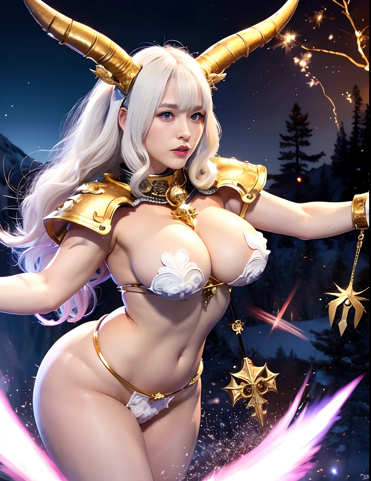 Professional , ​masterpiece、top-quality、photos realistic , depth of fields 、（White Jewel Body:1.９),(Matte White、（cleavage of the breast）、Jewel Gold Weapon、Particles of light、（White Jewel White Body:1.４),Gorgeous gold weapons ,（（ Dragon dense and gorgeous dragon sword）） , （demonic wings）   ,warhammer 40k 、（（White hair））、（Castle background）、（demonic wings）、（（Gangle's forest background））、Beautiful Caucasian beauty、１a person、dynamic ungle,(((Two devil's horns on the head)))、Smaller head、Idle Smile、Thin and beautiful female hands、cleavage of the breast、Mystical expression、Light Effects、intense fighting、Wind-effect、magic circles、With the legendary magic wand、Dragon's tail、