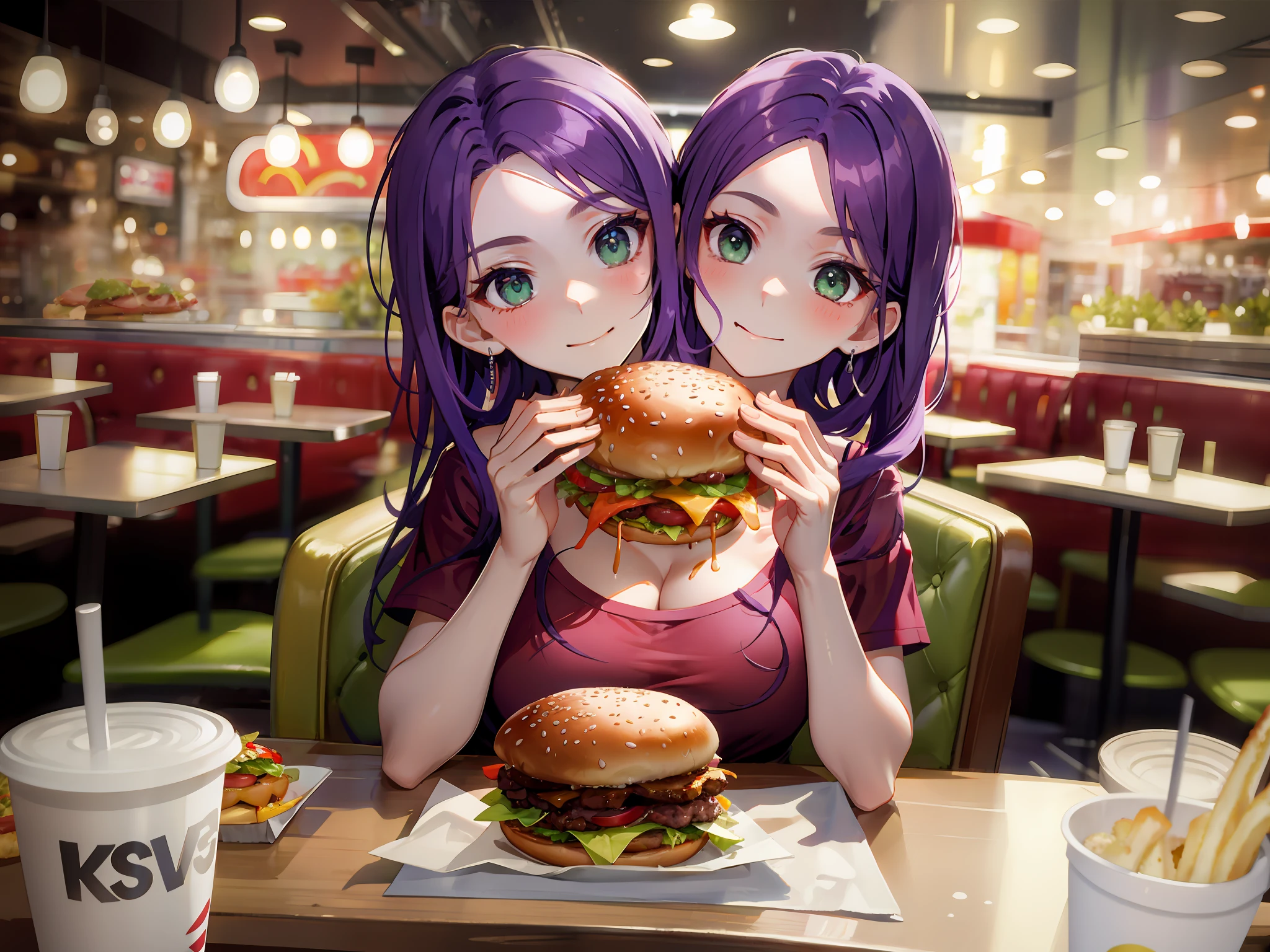 (masterpiece, best quality), best resolution, (2heads:1.5), 1girl, purple hair, green eyes, red t-shirt, sitting, eating, holding a huge burger with both hands, eating, both heads biting the burger at the same time, inside a fast-food restaurant, close-up