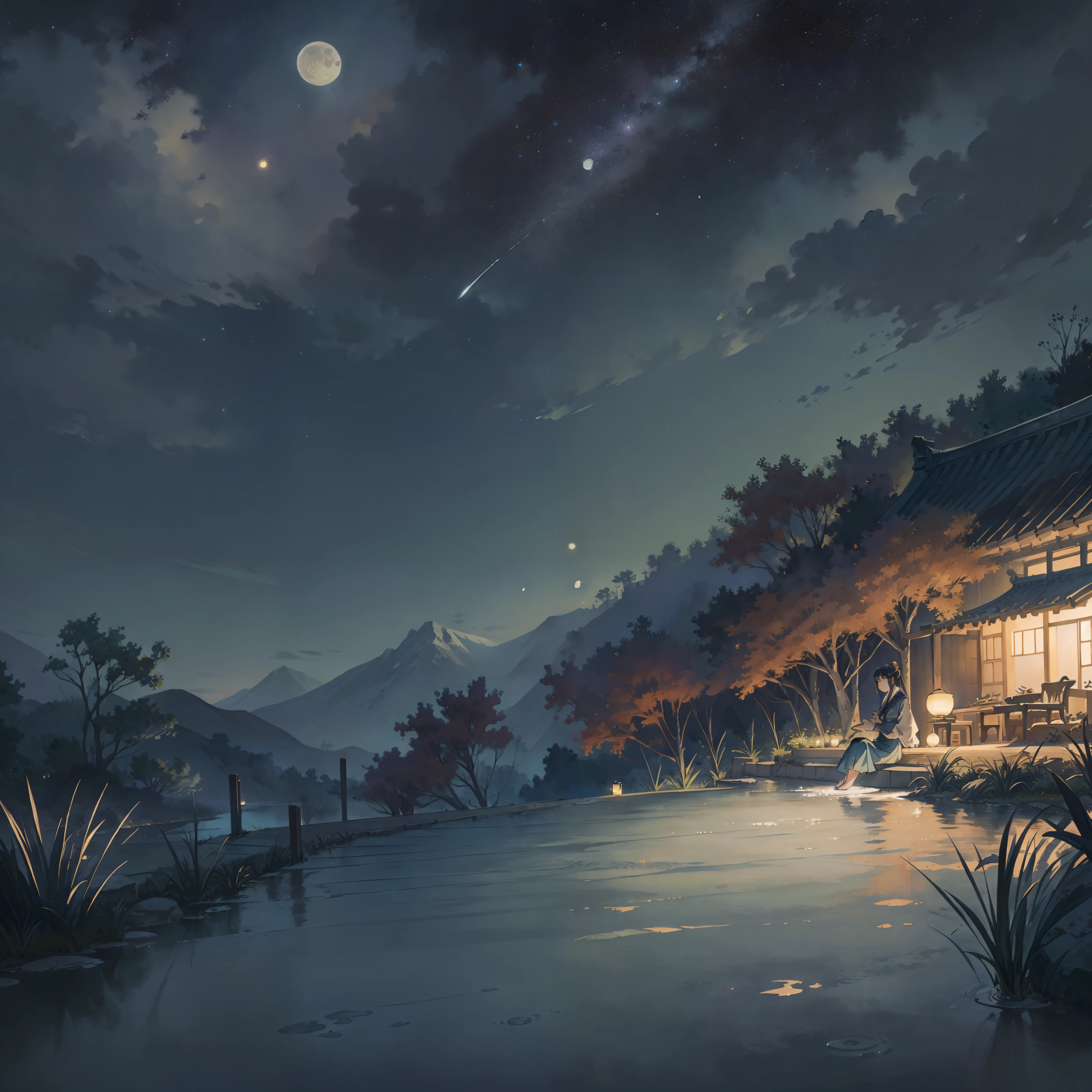 Kizi,Hold your chin with both hands,Looking at the sky, exteriors, the night, Particularly shining starry sky, in a panoramic view, scenecy,There is standing water on the ground that reflects the moon, pronounced horizon,large lawn, the roof, girl sitting on a rooftop, The wind is blowing,Lawn movement,Girls are more noticeable