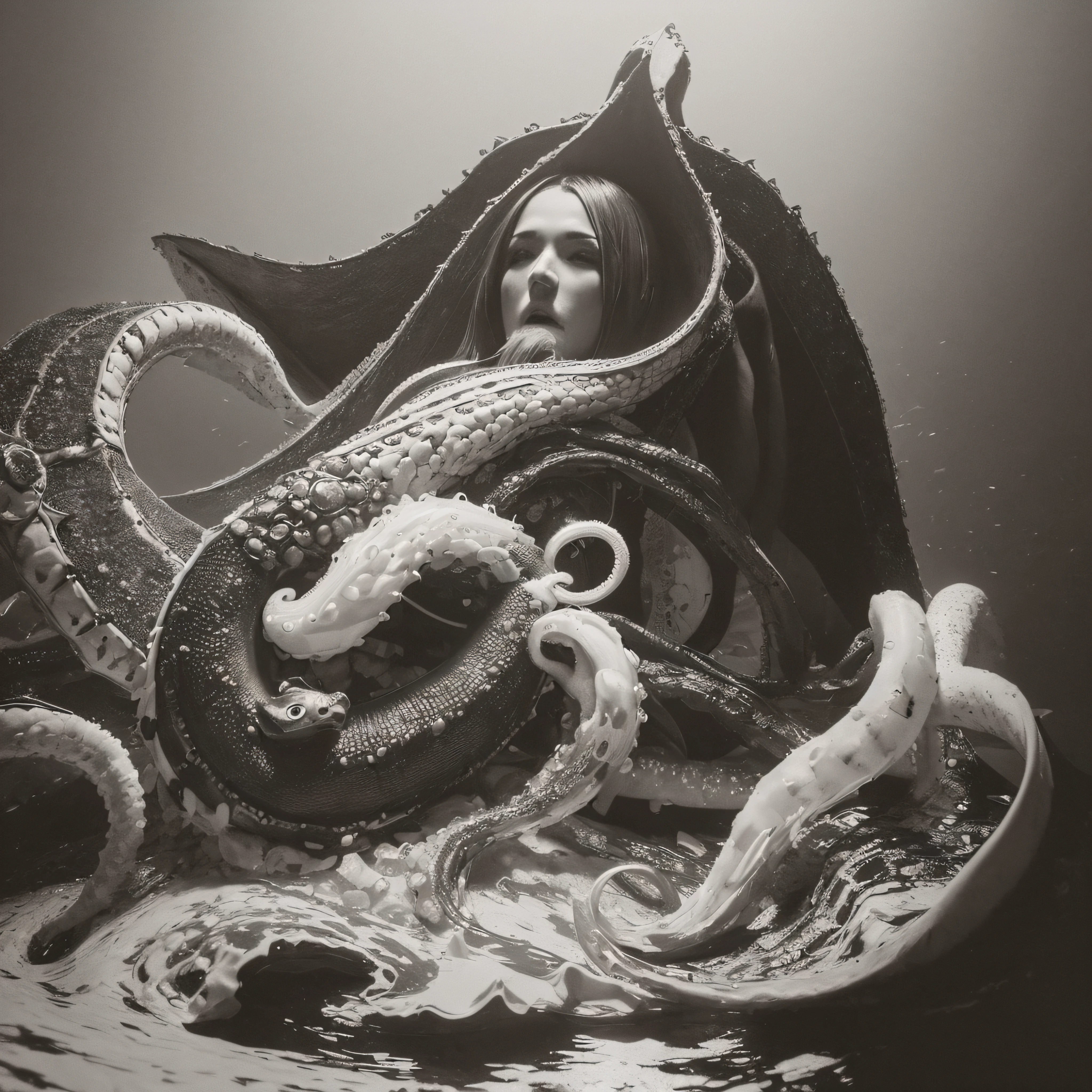 (extremadamente detallado, obra maestra, La mejor calidad), Estilo oscuro, intense illumination, rostro con arrugas, lengua larga, tentacle, deforme, monstruoso, interior de una piscina de agua verdosa, imagen submarina, alien con Colmillos finos, pico de pulpo amenazante. manchas de tinta. Rococo composition. Luz de caravaggio