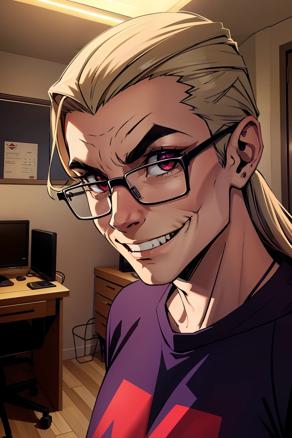 nerd , evil smile, in room, face