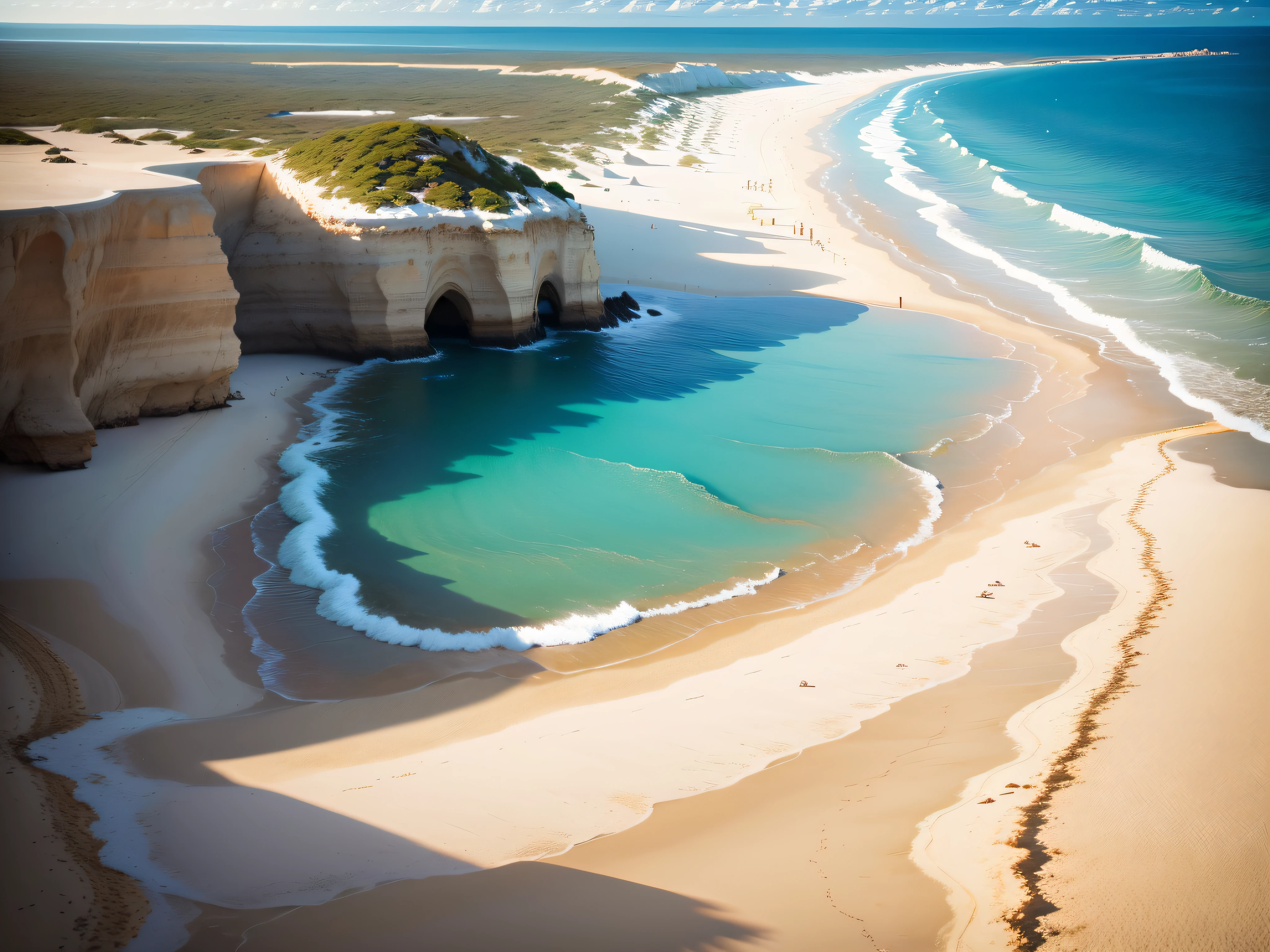 Sandy Beaches: Wide stretches of golden or white sand meeting the calm waters of the sea, creating a classic and relaxing coastal scene.