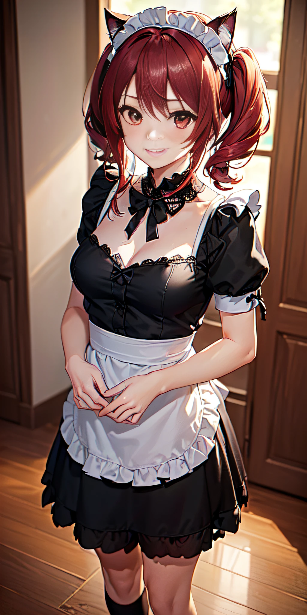 (((Filled anime,Two-dimensional illustration, (red hair with half twin tail), (3/4 eyes), a smile, an 18-year-old girl, cute symmetrical face, black cat ears, red eyes, (Clothes with ruffles, Black lace clothing), Inside Color Green, A girl, full body, A masterpiece of 2D art, (masterpiece,Top image quality:1.3),(Details:1.2),(1 girl in), Totally black maid clothes, dark night)))