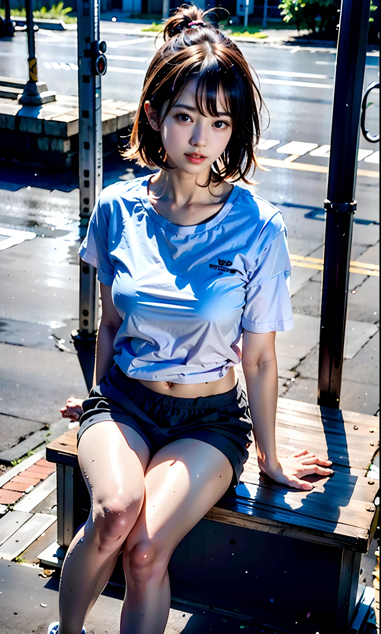 Best quality，masterpiece，16k，A girl，Wear sportswear，Squat on the street，