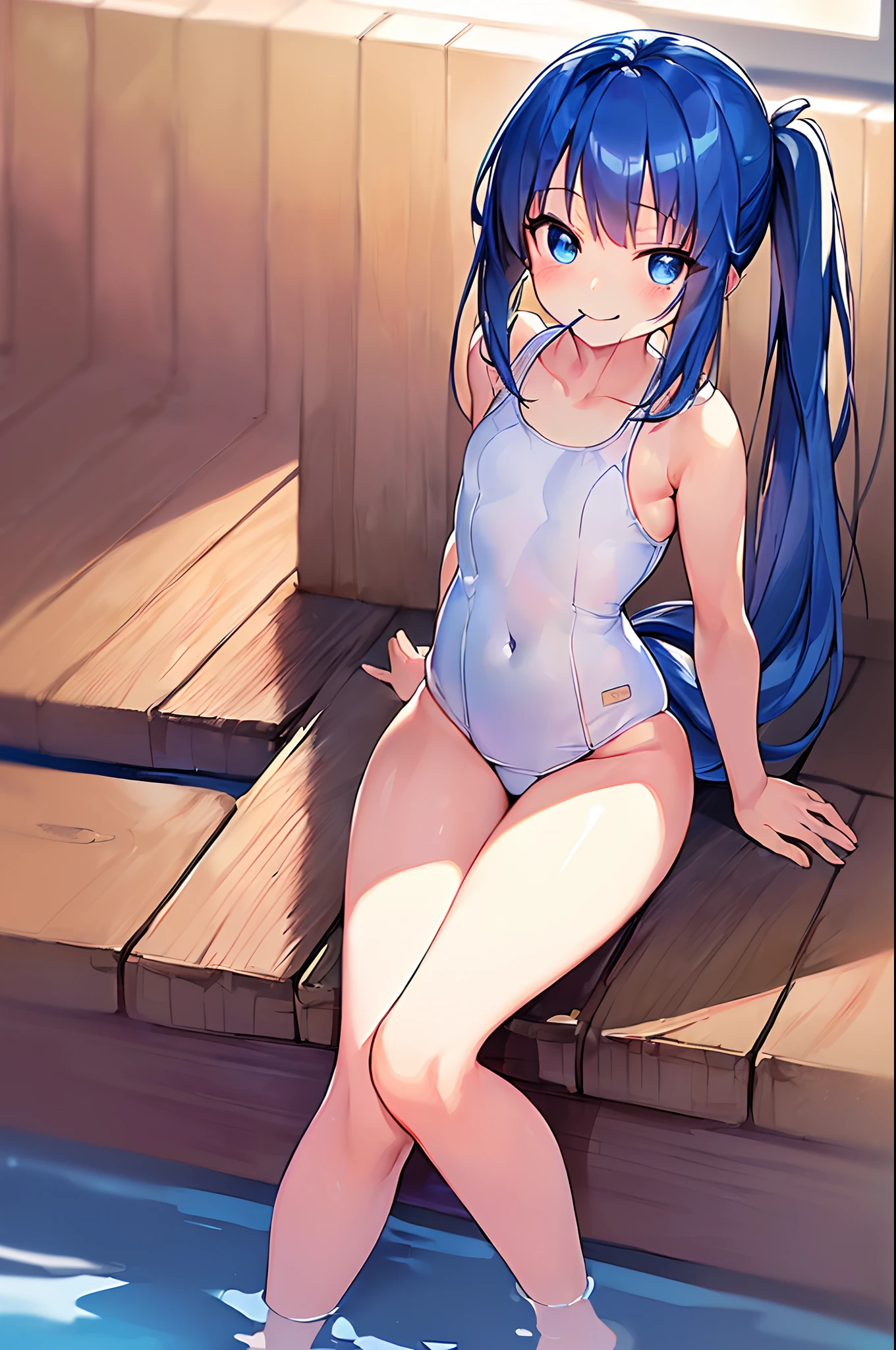 (((The ultra -The high-definition))), (((An ultra-high picture quality))), 独奏, One girl, Very cute, Moe Anime Style, Delicat eyes, ( Girl:1.5), (rather modest chest,,,,,,,,:1.3), (saturated blue hair:1.2), (Straight long hair:1.2), (Long straight sideburns:1.1), (blue eyess:1.2), (A little sagging eyes:1.3), swimming pools, in poolside, Smiled face, (Super smile with mouth closed:1.2), (One Piece White School Swimsuit:1.2), School swimwear for schoolponeyTail), (Inner thigh-sitting