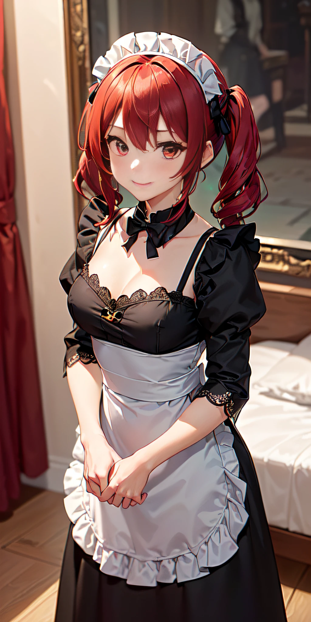 (((Filled anime,Two-dimensional illustration, (red hair with half twin tail), (3/4 eyes), a smile, an 18-year-old girl, cute symmetrical face, black cat ears, red eyes, (Clothes with ruffles, Black lace clothing), Inside Color Green, A girl, full body, A masterpiece of 2D art, (masterpiece,Top image quality:1.3),(Details:1.2),(1 girl in), Totally black maid clothes, dark night)))