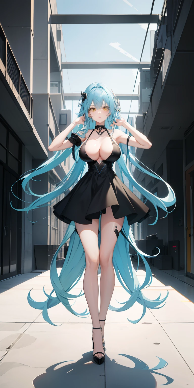 light blue hair, long hair, yellow eyes, black dress, collarbone, bare back, big boobs, inside a building, high heels black shoes, inside of building, looking at each other, standing, hands up