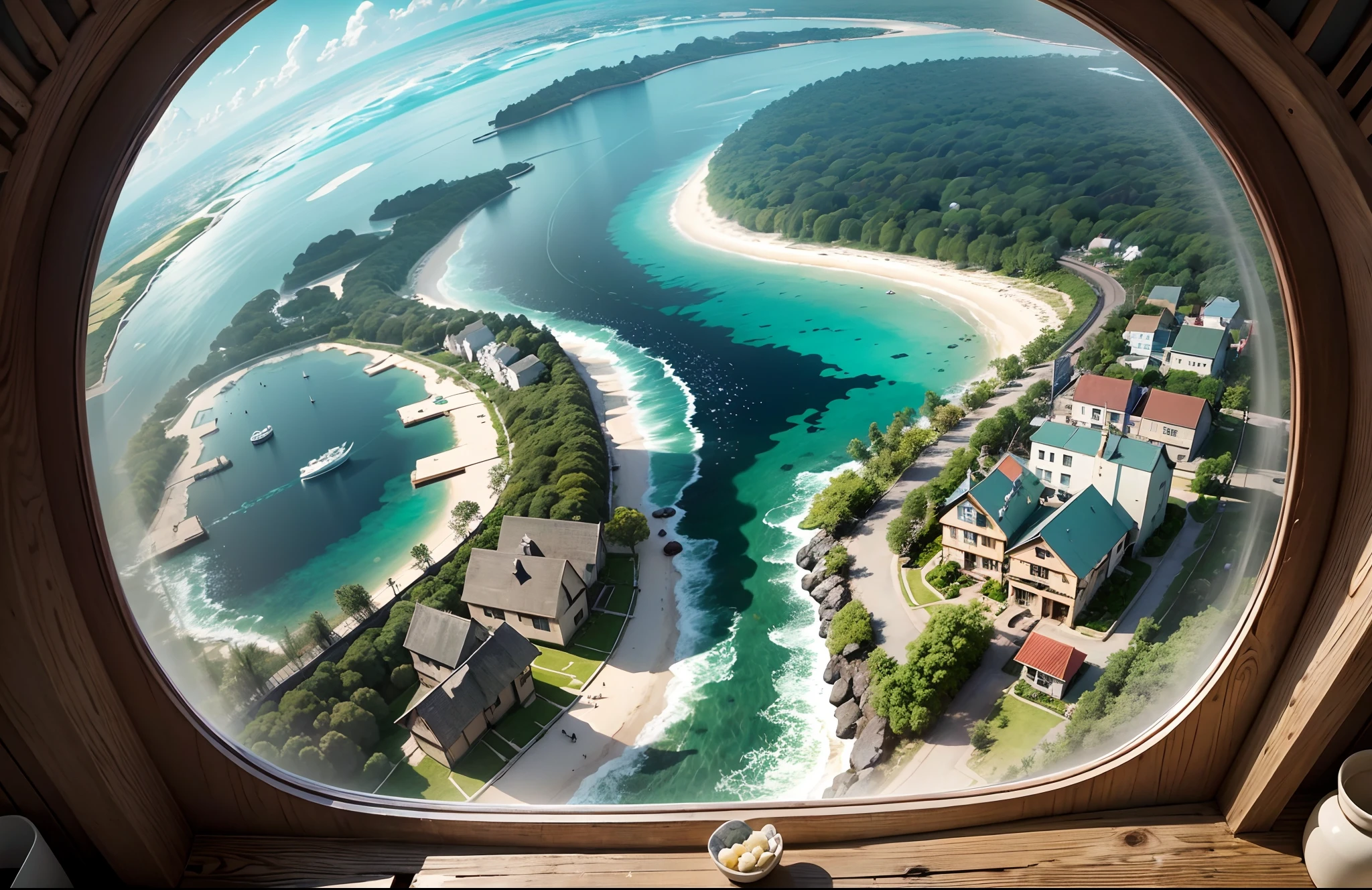 Pixar style, Studio Ghibli, happy community of multi-racial people living in their own atoll, white domed houses surrounded by gardens, floating shrimp and oyster farms inside the atoll, many children help adults or play on the ocean, 4 HD result, cinematic style photo, greeble, ray tracing, in the style of realistic lighting with chiaroscuro, detailed facial features, marcin sobas, jagged edges, flickr, Thomas Saracenus, close-up intensity, 1/200 s, ISO100, shot on Canon EOS R at 50mm f/ 1.8, f/2.2, sci-fi film, m42 mount, --auto --s2