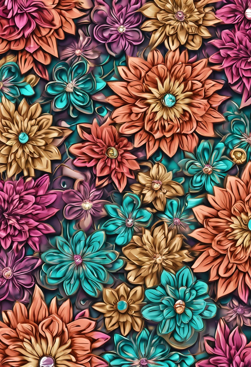 Beautiful repeating beautiful Kelsang flower pattern in gemstone tones, 3d effect, Ultra photo realsisim , Pinterres, The hexadecimal code color is 5ABCB9, 63E2C6, FB6376, 613F75, 0C6291 only, Flowing, the wallpaper, Artistic,Wallpapers