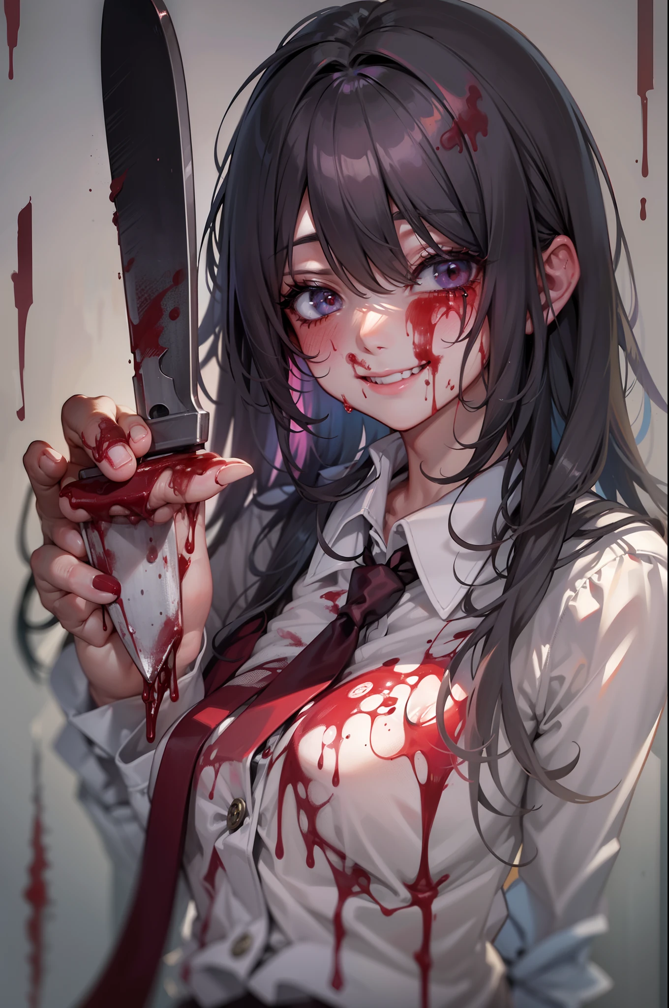 Unpleasant smile of a girl who loves knives in a school classroom、Niccoli holding a knife in one hand、Psychopath horror、Bloody、Blood droplets