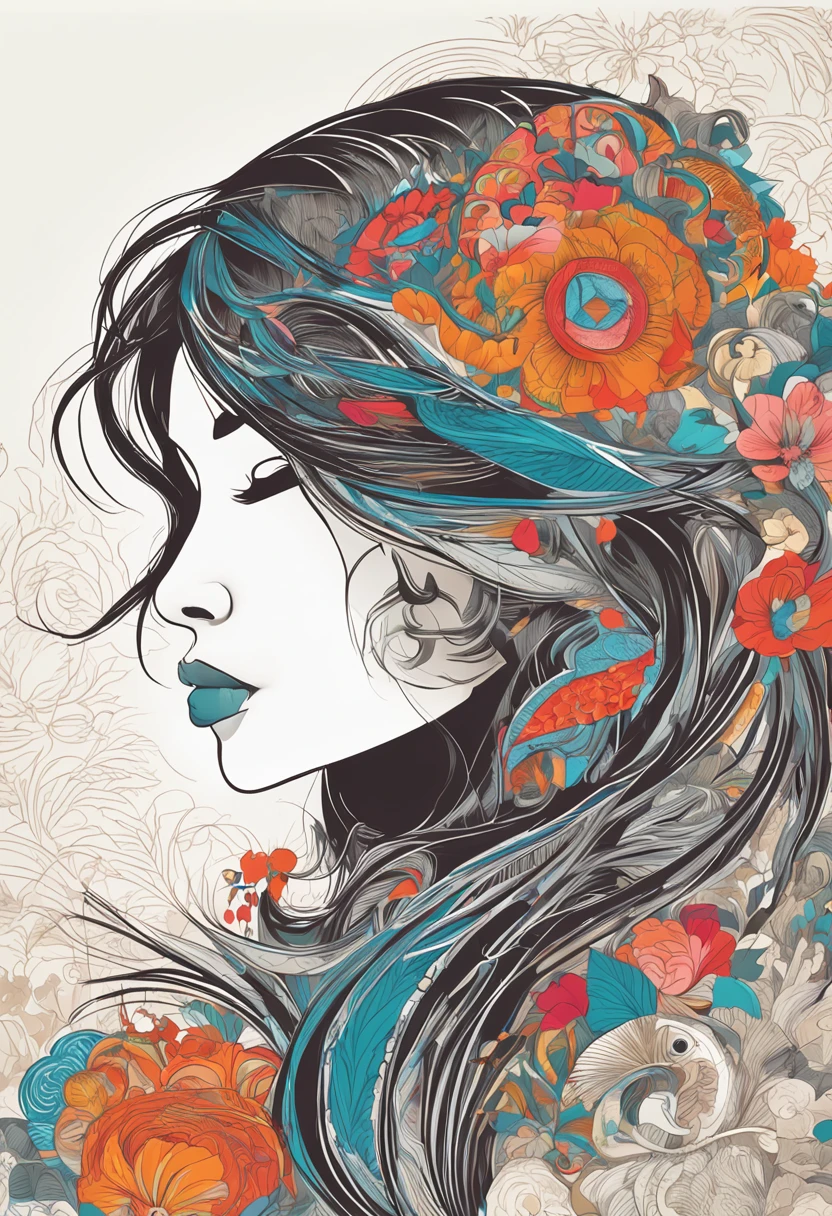 (White background:1.4),(Silhouette of a girl's head, Eyes closed, Colorful long hair, Oriental elements),(Chinese Illustration:1.3,paper art:1.3, Quilted Paper Art:1.2),( Reasonable design, Clear lines, High Sharpness,Best Quality, Very detailed, masutepiece, Movie Light Effects, 4K )